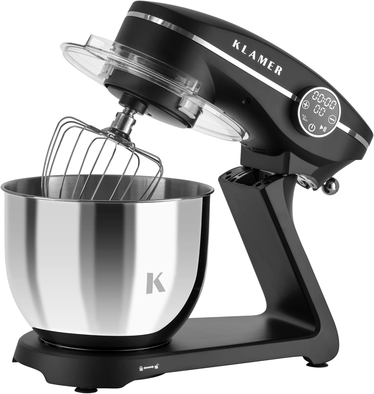 KLAMER Küchenmaschine 1800W, Knetmaschine Brotteig mit Edelstahl-Rührschüssel 6 L, 10 Stufen mit Timer, Planetenrührwerk, Rührbesen, Knethaken, Schneebesen & Sichtdeckel (schwarz)