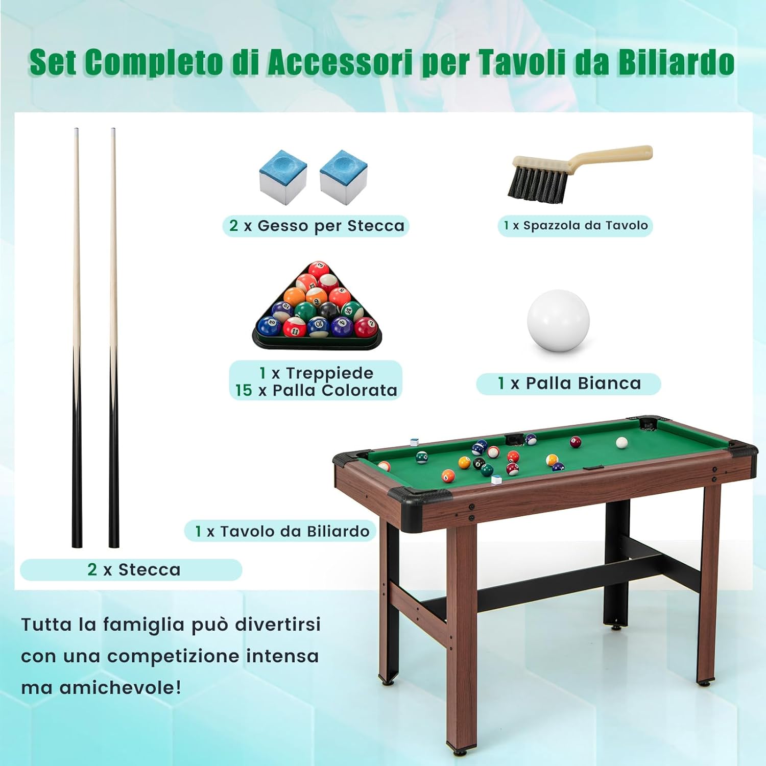 COSTWAY Tavolo da Biliardo, Tavolo da Gioco Biliardo in Legno con Set di Palline 2 Steccette 2 Gessi Triangolo Spazzola, Mini Tavolo da Biliardo per Sala Giochi bar Palestra, 122x61x76 cm