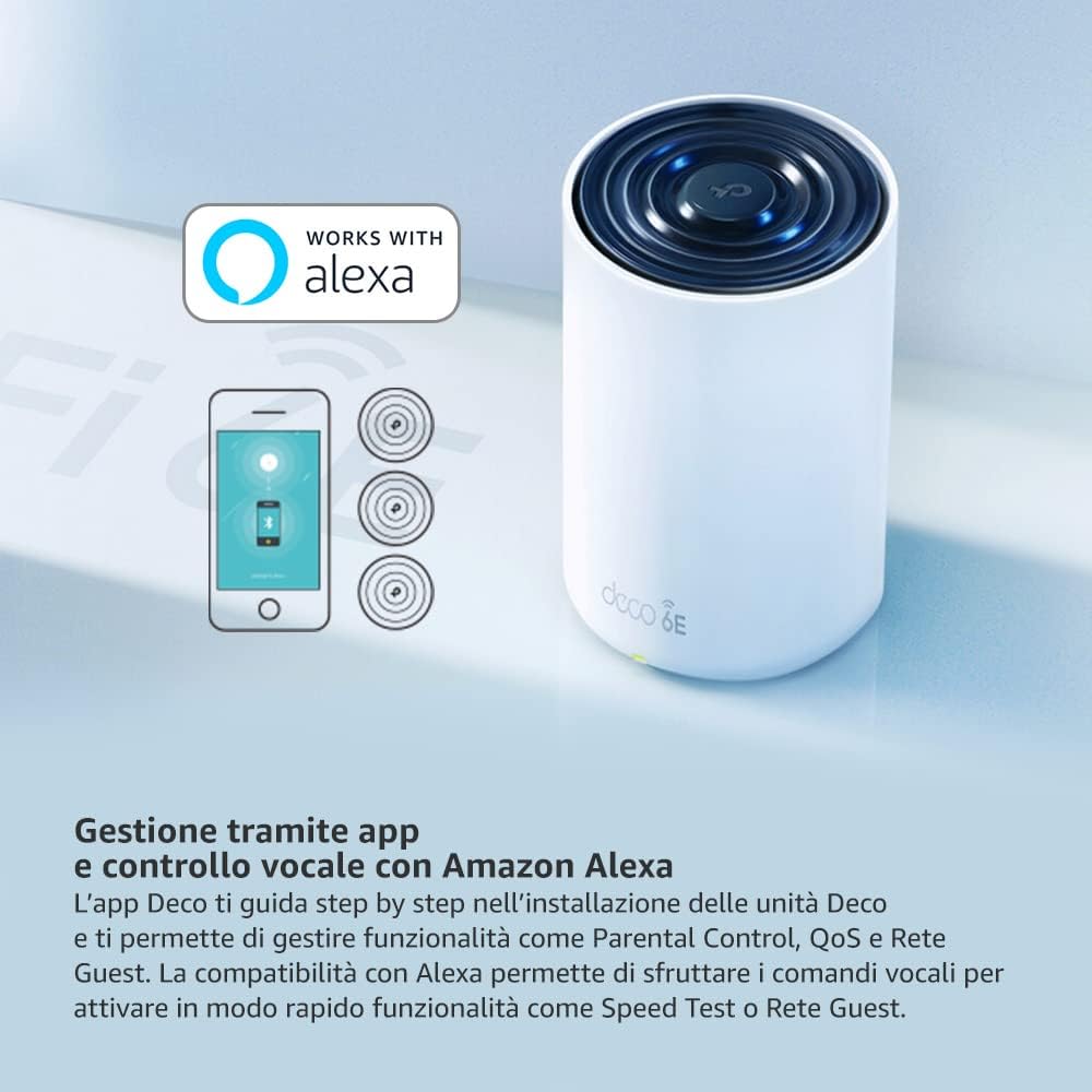 TP-Link Deco XE75 (3-pack) Mesh Router AXE5400 Wi-Fi 6E Tri-Band, Per Tutta La Casa, Porta Gigabit, 802.11ax 6 GHz, AI-Driven, TP-Link HomeShield, MU-MIMO, OFDMA