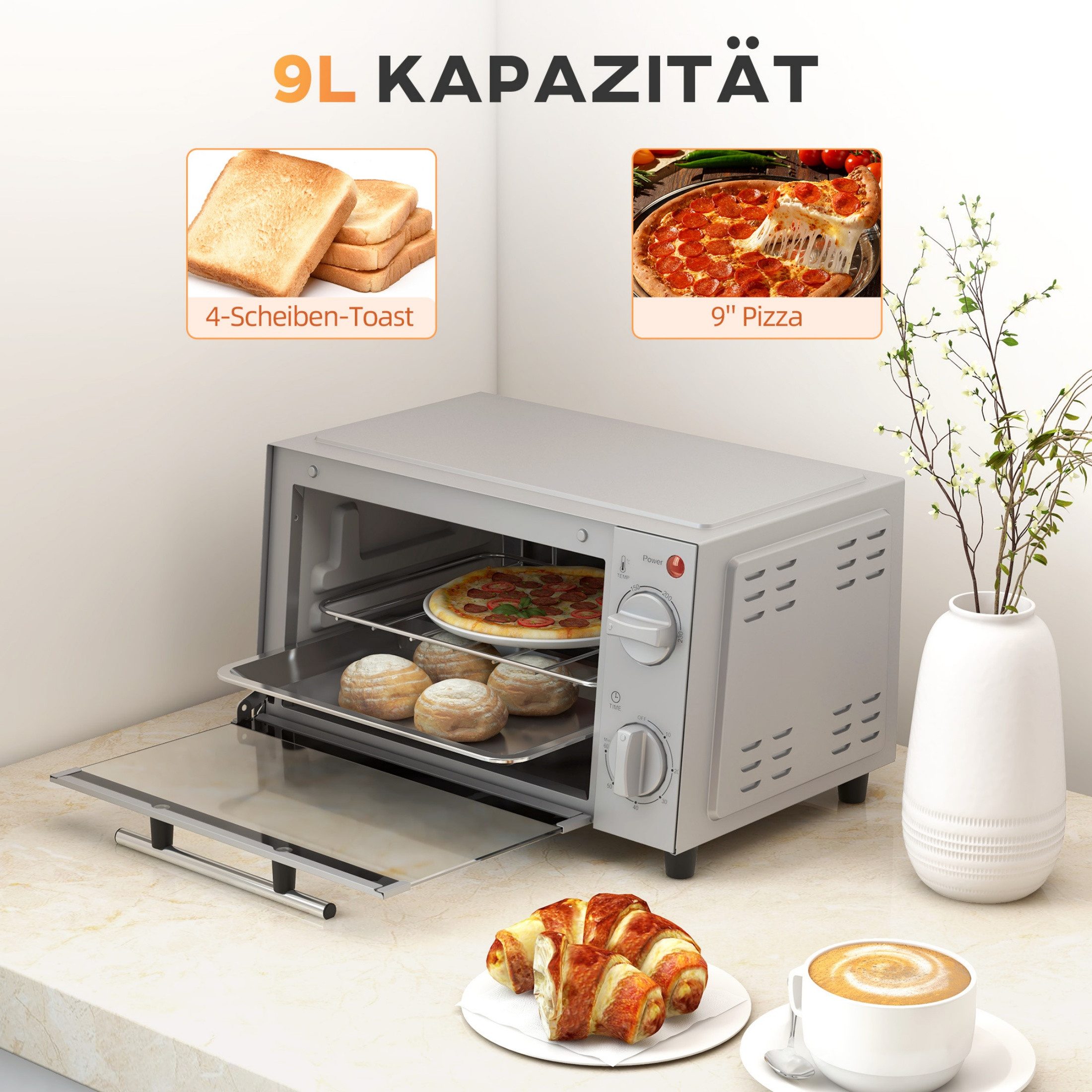 Minibackofen 9L Minibackofen 750W Kompakter Mini Elektro-Ofen mit 100–230 °C