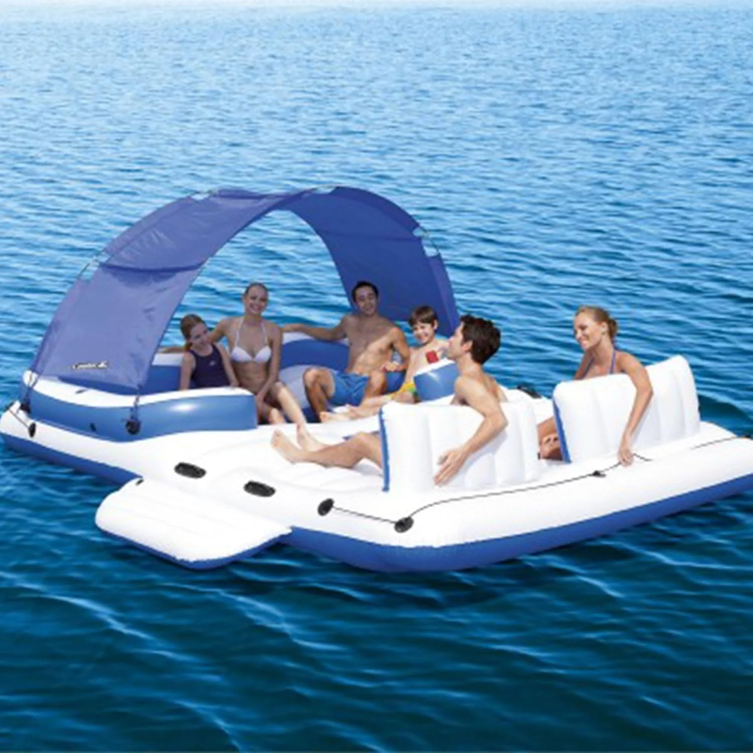Tropical Breeze 6-persoons opblaasbaar feest-eiland, groot ontspannend waterspeelgoed met afneembaar zonnescherm en koeltas