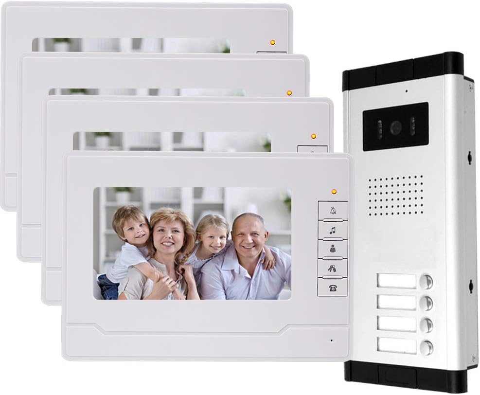 uoweky - Videocitofono cablato 7 TFT-LCD con videocitofono 4 monitor interni + telecamera di visione notturna IR 700TVL ad alta risoluzione per più appartamenti/famiglie