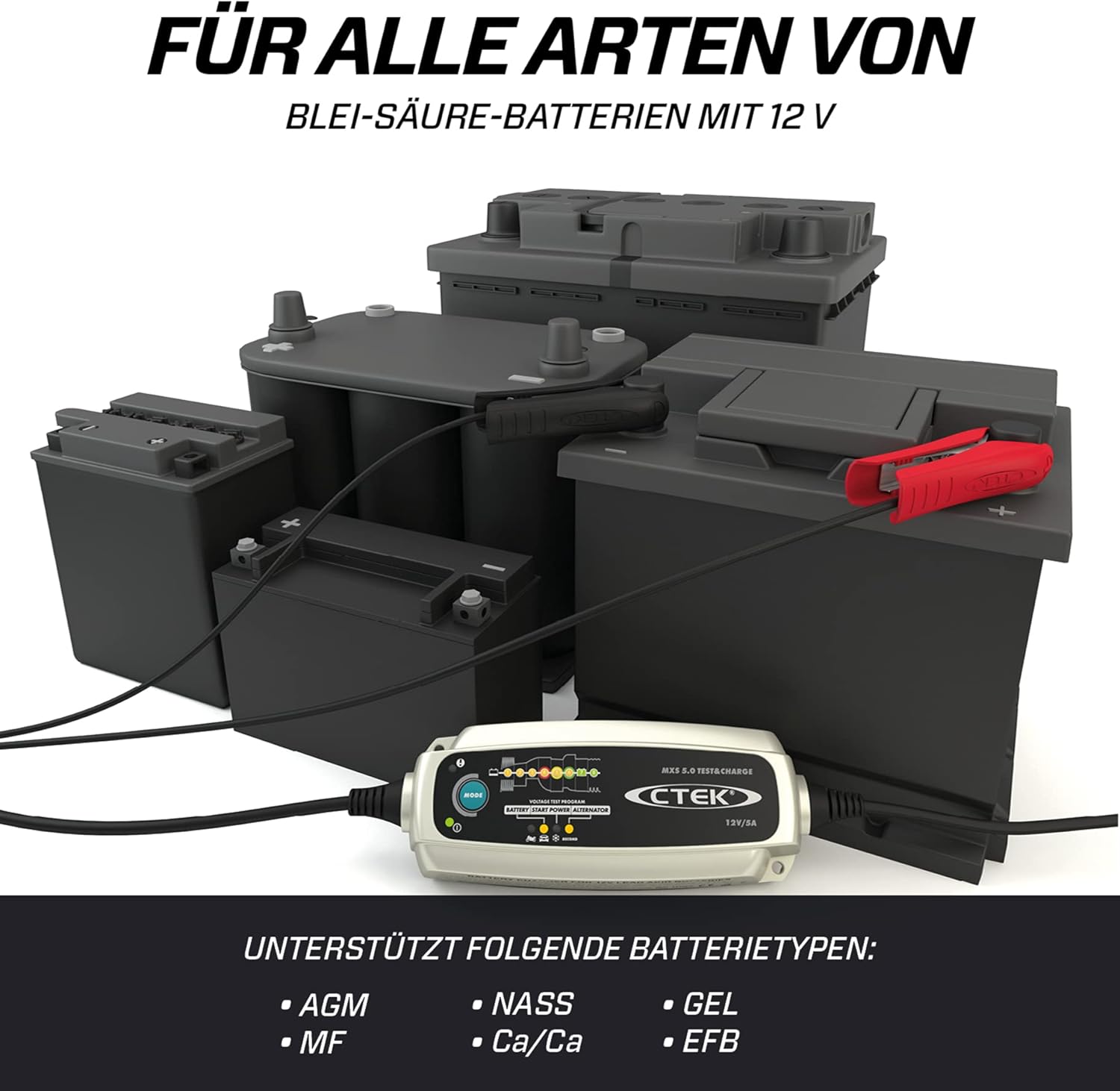 CTEK MXS 5.0 Test & Charge, Batterieladegerät 12V, Batteriepfleger, Ladegerät Auto Und LKW Ladegerät, Testet Batterie Und Lichtmaschine, Entsulfatierungsprogramm Und Rekonditionierungsmodus