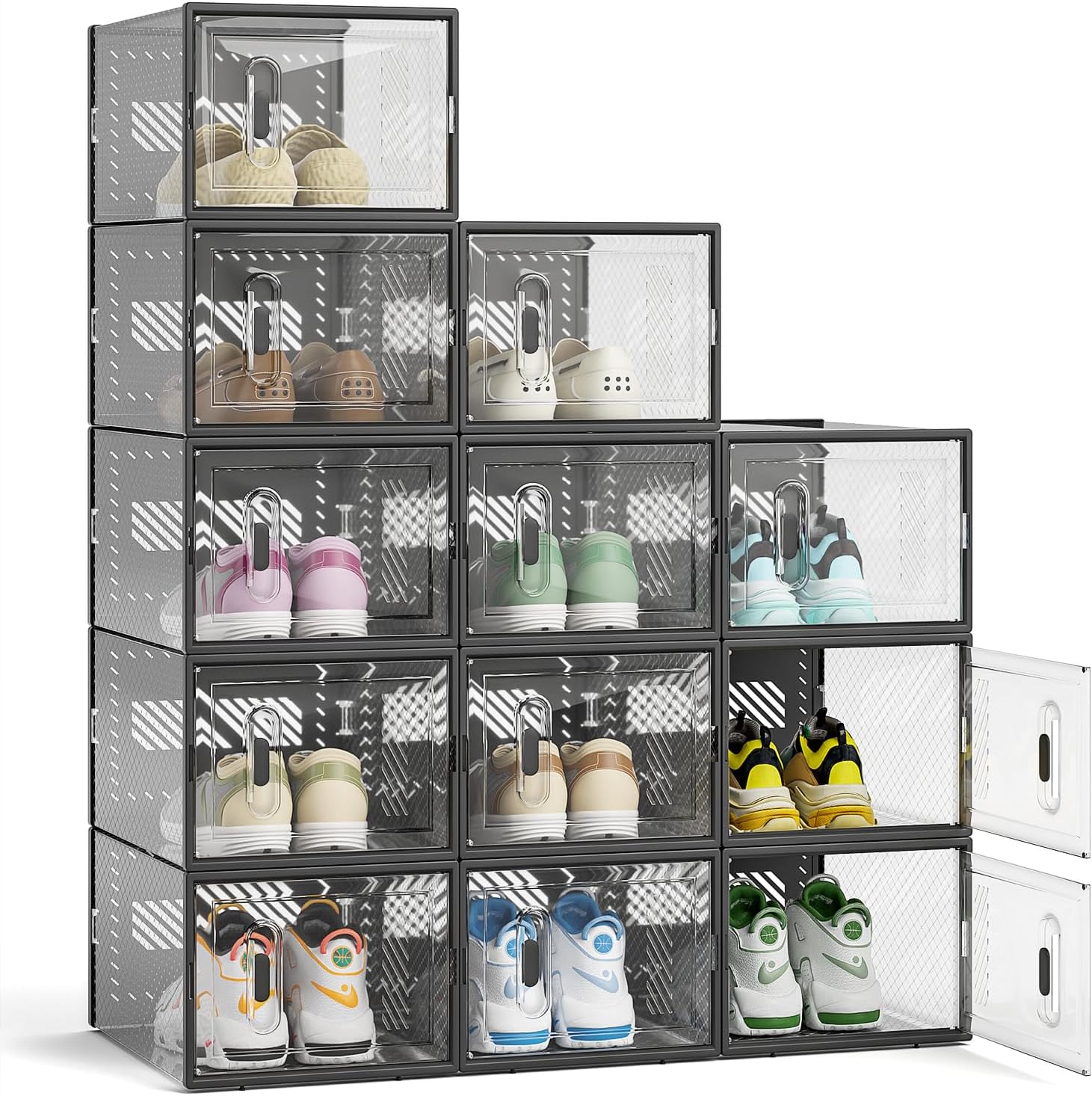 FUNLAX Scatole per scarpe impilabili, 12 Scatole trasparenti con porte magnetiche, Scarpiera componibile Adatto per scarpe fino a 45 taglie EU, Bianco(33,3×23×14,5cm)