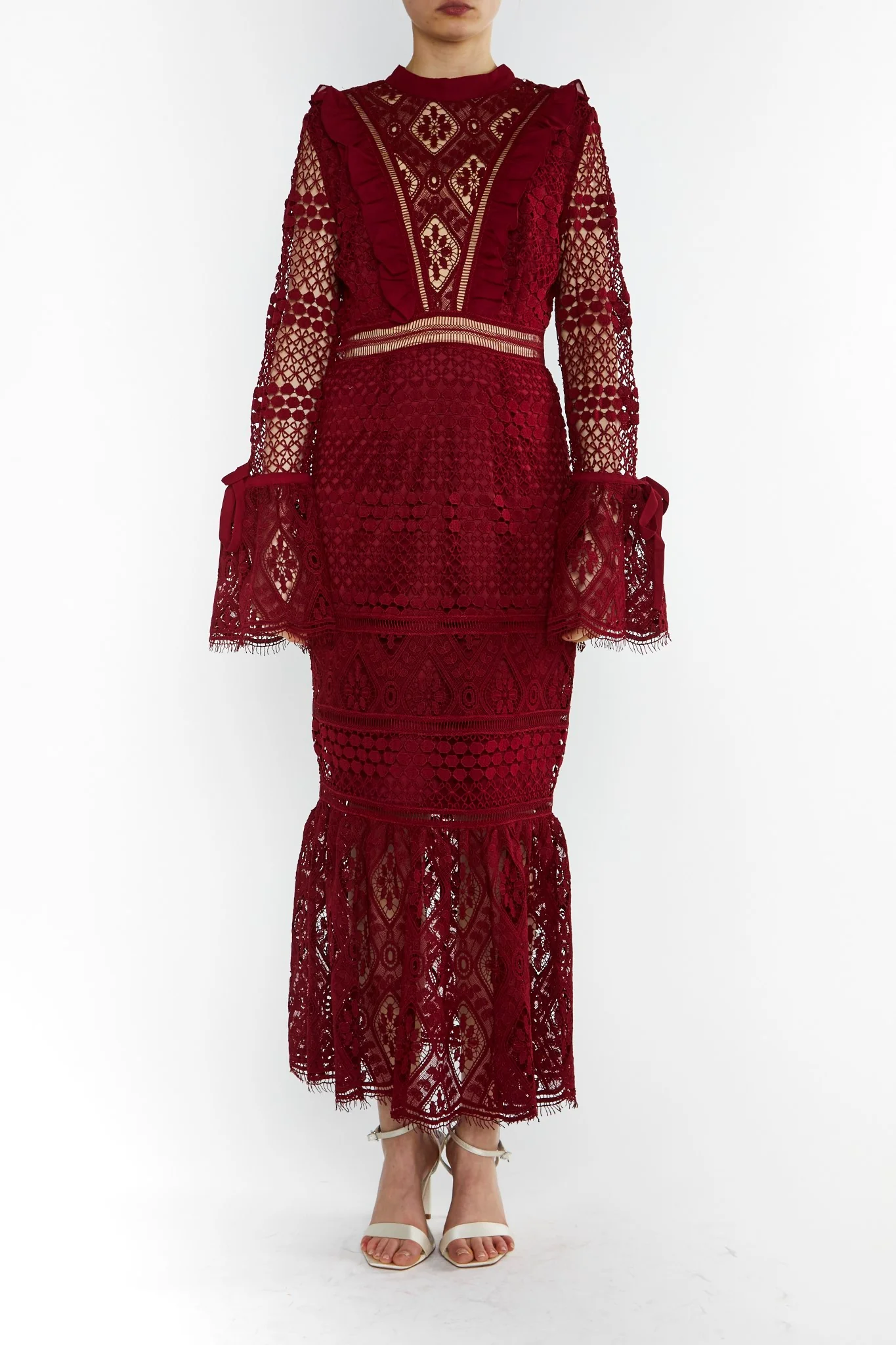 Jenna Burgundy Peplum-Sleeve Lace Midi Dress