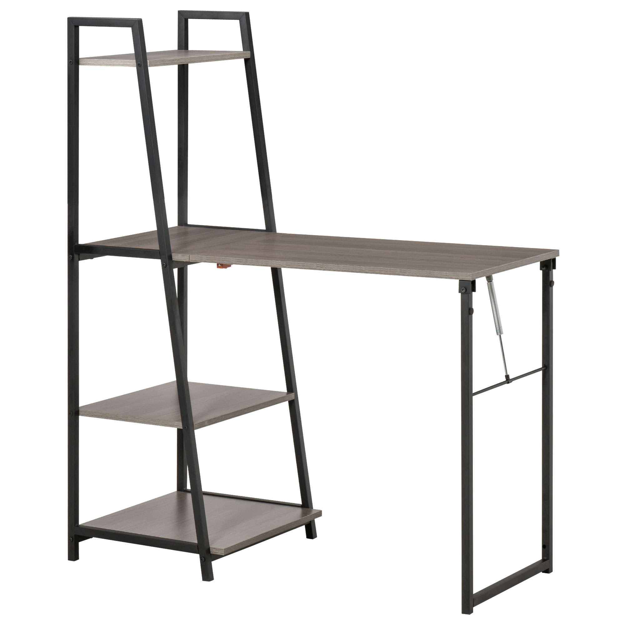 HOMCOM Klappbarer Schreibtisch - Regal-Schreibtisch 2-in-1-4 Regale - Holz grau Metall schwarz
