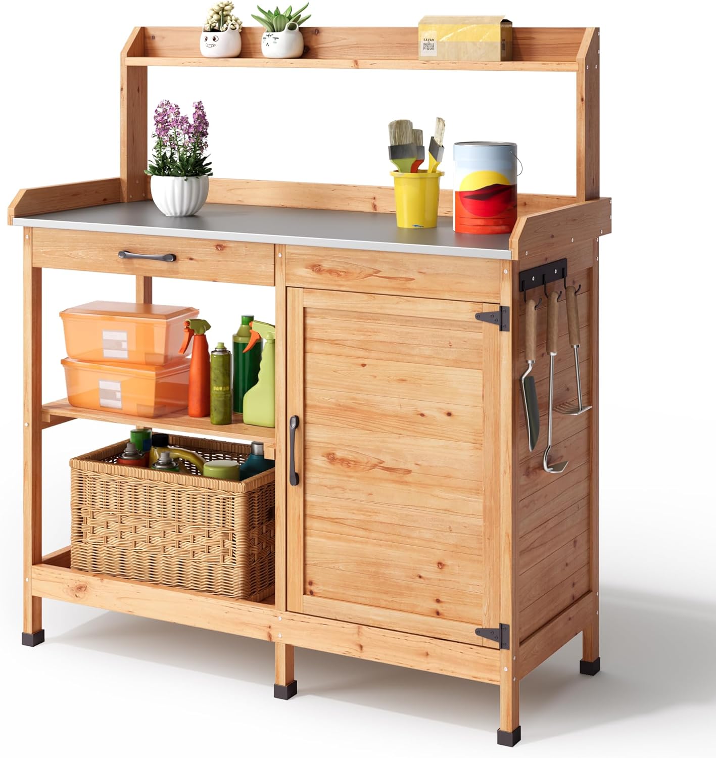 Blishom Garden Table, Plant Table, Solid Wood Garden Work Table with Worktop, Adjustable Shelf and Cabinet, Balcony, Terrace 112 x 46 x 125 cm Natural