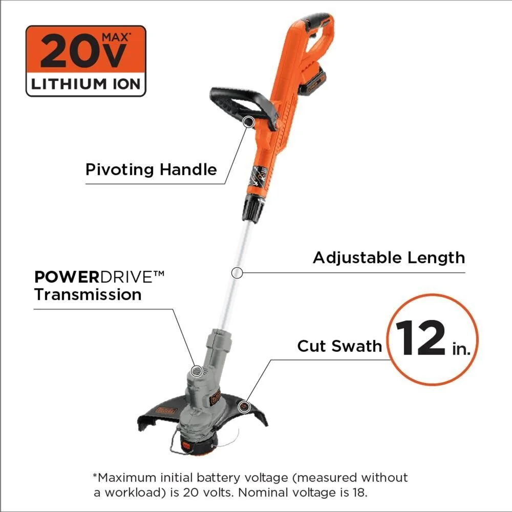 BLACK+DECKER 20V Cordless String Trimmer and Edger, 2Ah, Lithium Ion Battery Included