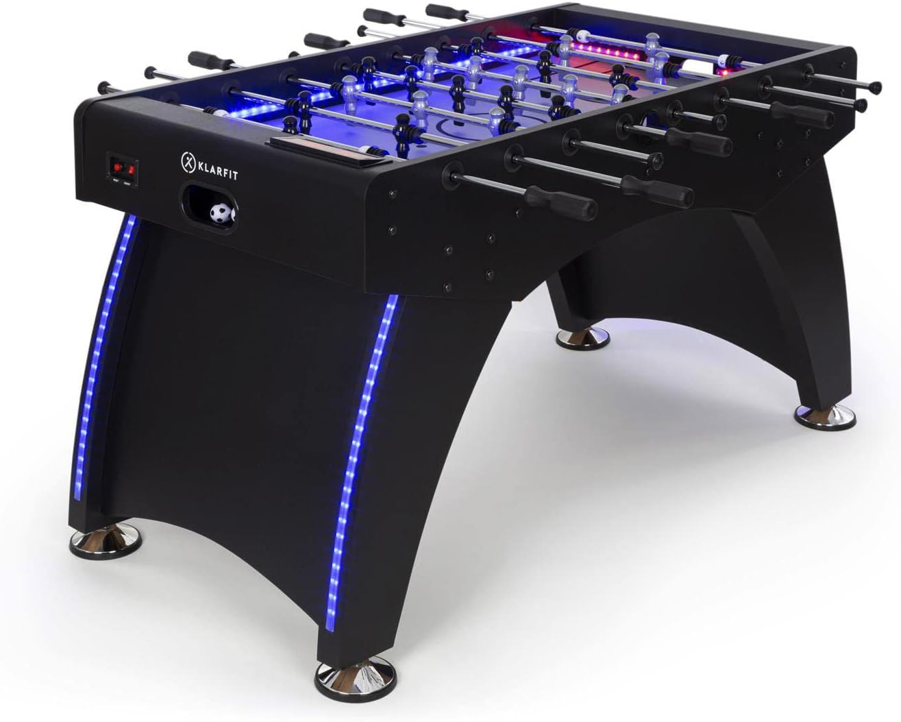 KLAR FIT Klarfit Arrowhead - Calcio Balilla, Biliardino Professionale, Campo con Illuminazione LED, Segnapunti Automatico, Struttura Solida, Campo di Gioco: 117x68 cm, Aste Cave di Acciaio Inox