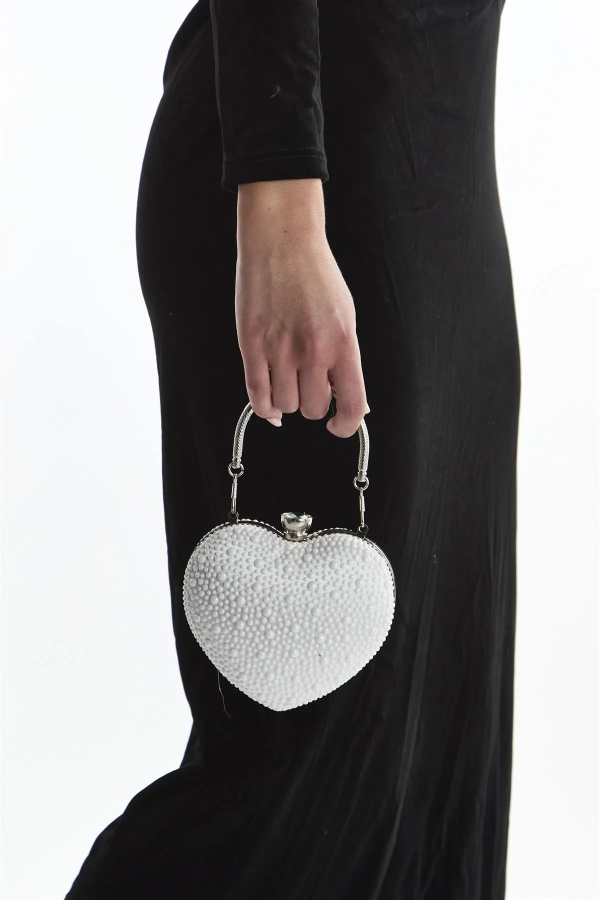 Silver & Pearl Embellished Heart Shape Purse