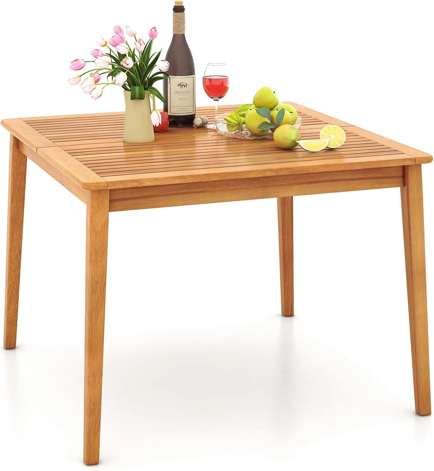 COSTWAY Gartentisch aus Akazienholz, 100x100cm, Terrassentisch mit Schirmloch für 4 Personen, Outdoor-Esstisch für Balkon, quadratischer Balkontisch
