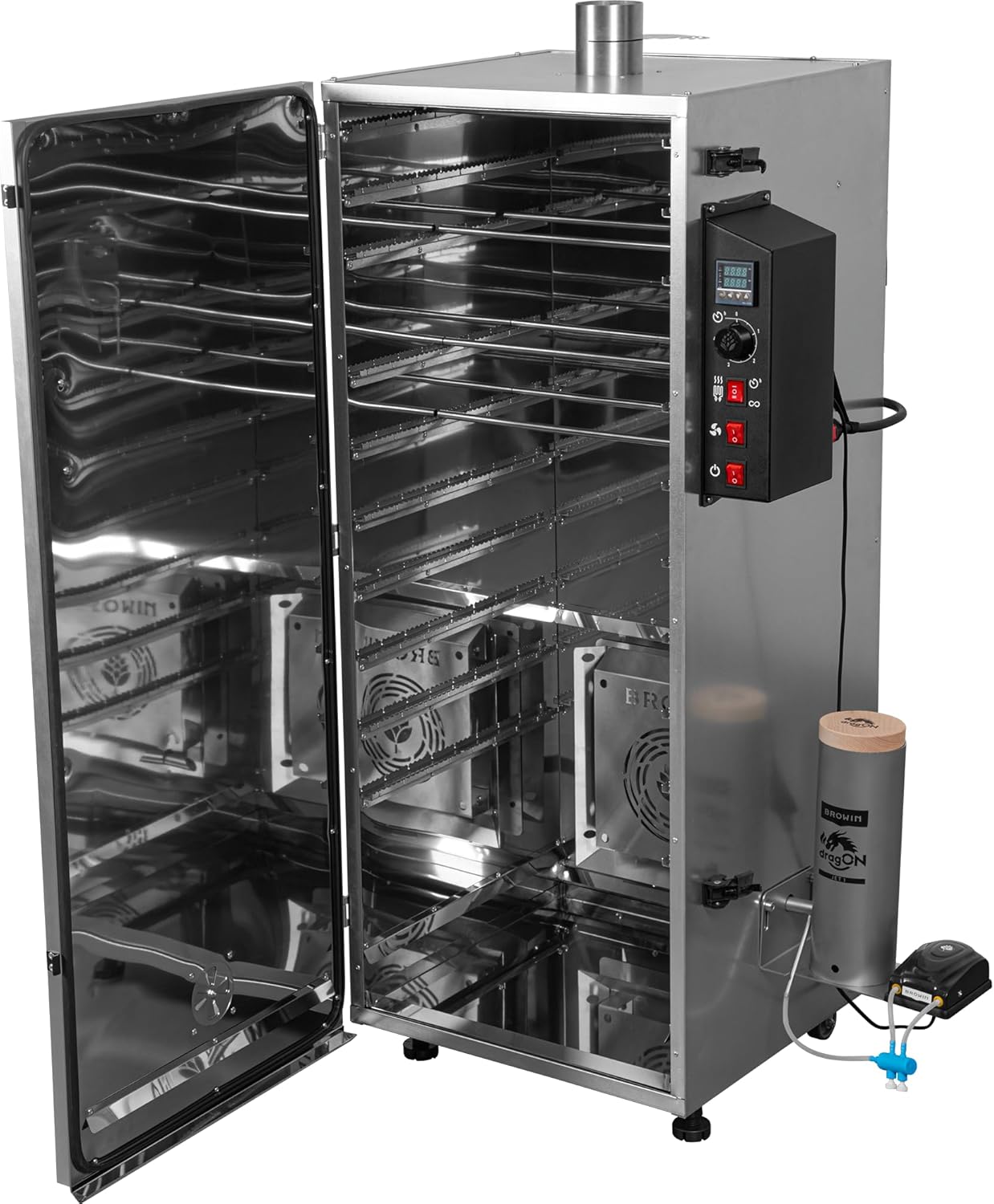 BROWIN dragON Räucherofen | Elektrisch | Stahl | 1500W | 220L Fassungsvermögen | 50x51x125cm | 49,1kg | Digitale Steuerung | Räucherset | 330350