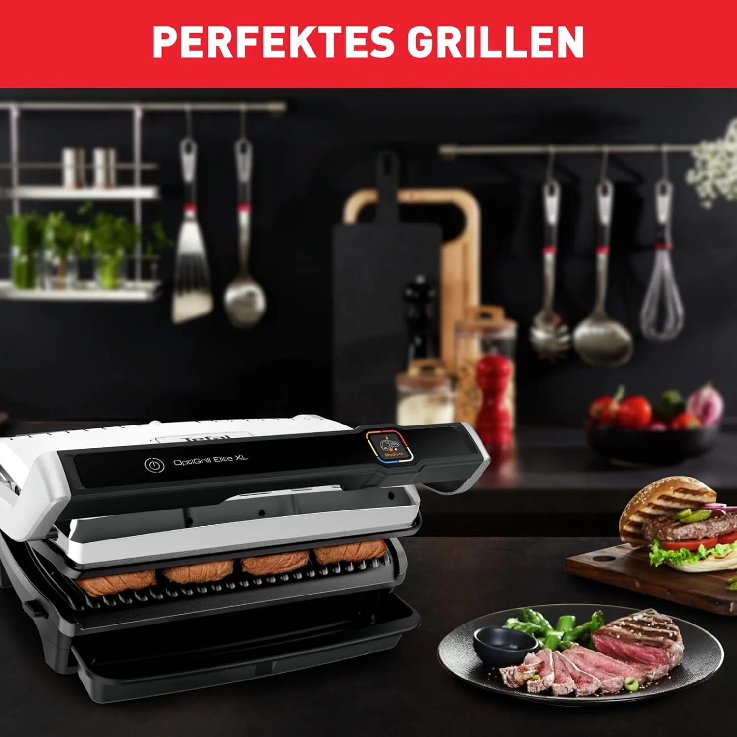 Tefal OptiGrill Elite XL Kontaktgrill, 16 Programme, Digitales Display mit Garstufenanzeige, abnehmbare XL-Platten, Grillboost-Funktion, intuitive Bedienung, Elektrogrill, Edelstahl, GC760D12