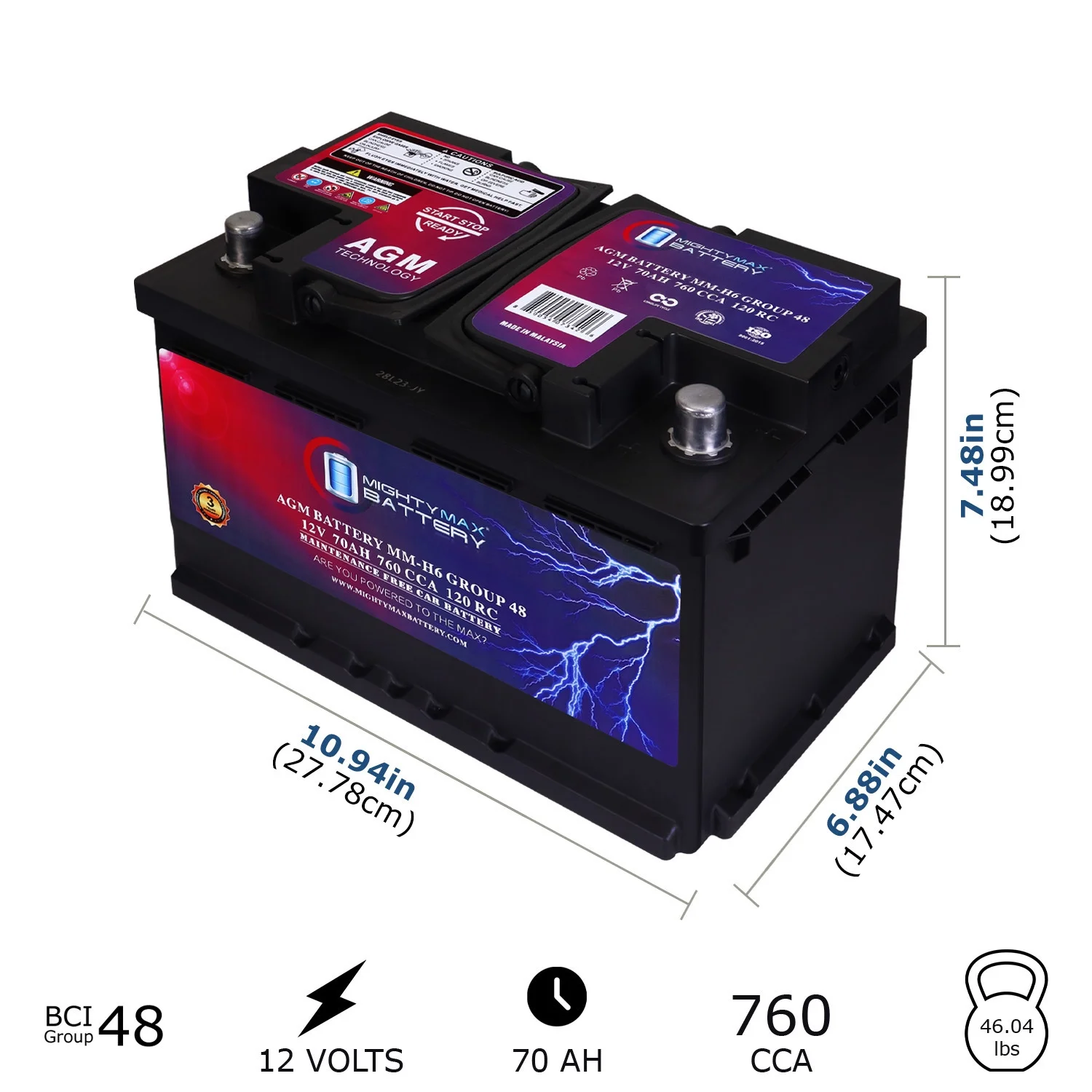 MM H6 12V 70AH Car Battery, 760 CCA, Group 48, Compatible with Chevrolet Silverado 1500, Long Life, High Discharge Rate