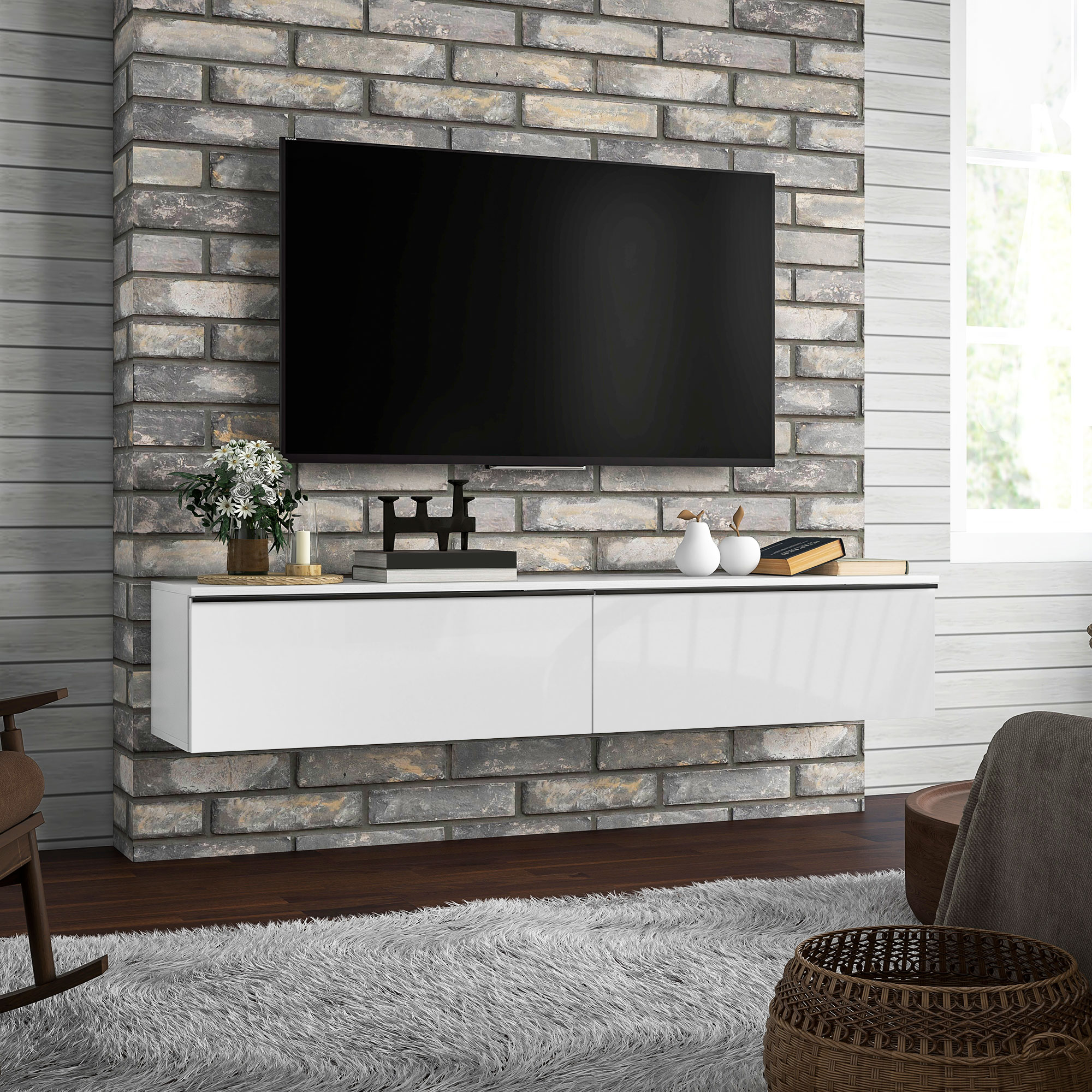 HOMCOM Hängendes TV-Möbel mit Schrank, für Fernseher bis 70 Zoll, glänzender Effekt, weiß