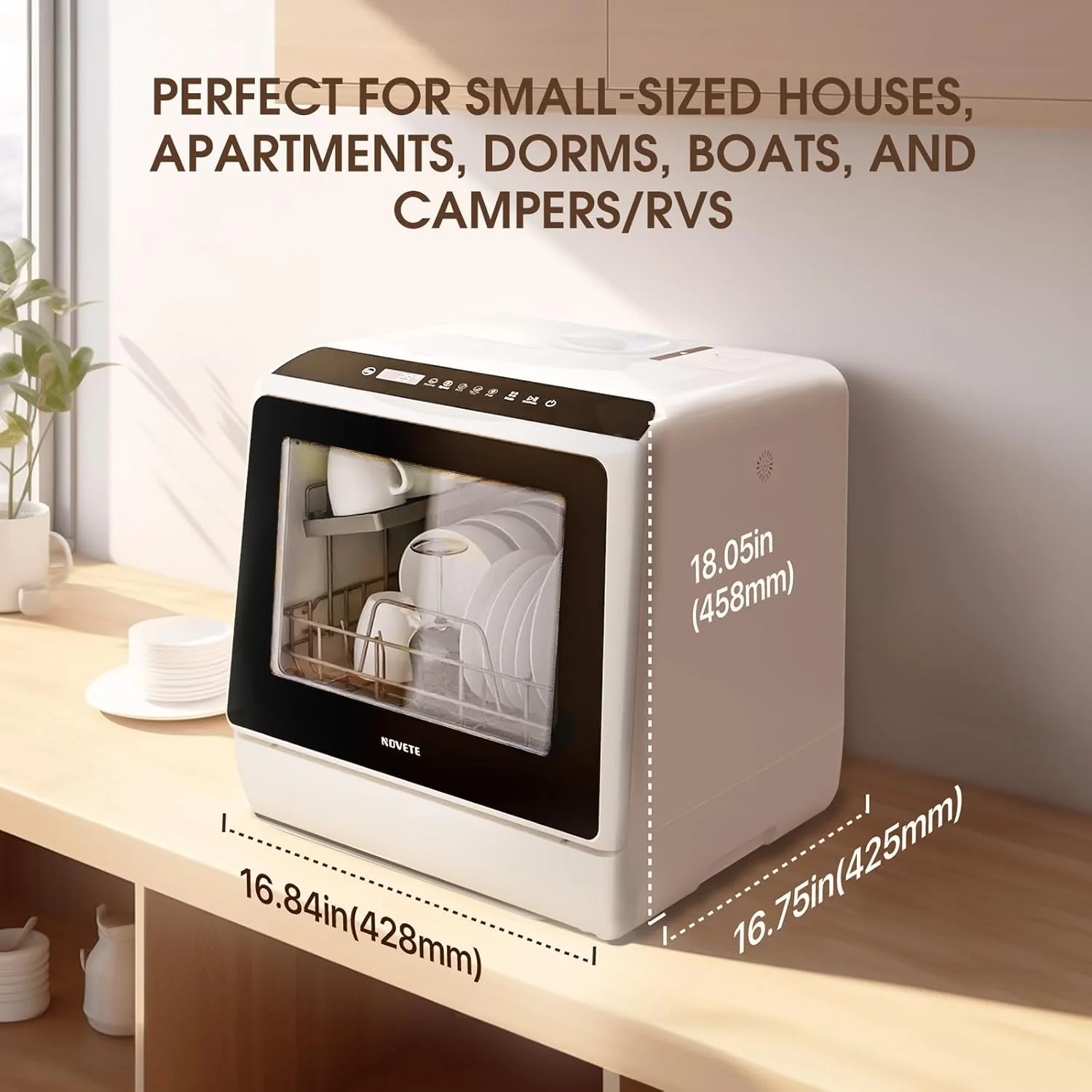 NOVETE Portable Countertop Dishwashers, Compact Dishwashers with 5 L Built-in Water Tank & Inlet Hose, 5 Washing Programs, Baby Care, Air-Dry Function and LED Light for Small Apartments