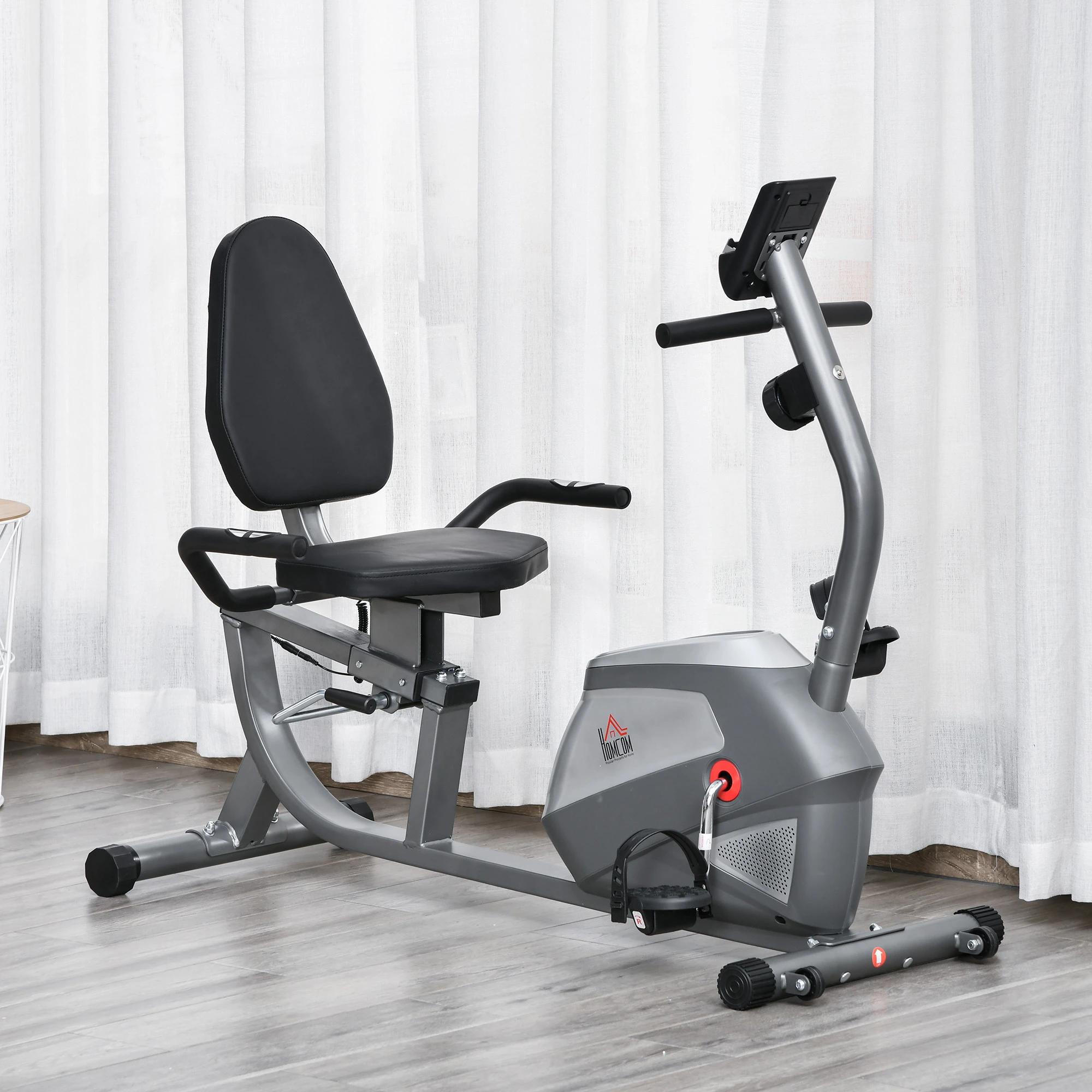HOMCOM hometrainer fietstrainer vliegwiel hometrainer met 8 niveaus verstelbare magnetische weerstand verstelbare lengte magnetische weerstand wielen metaal ABS grijs + zilver 136 l x 62,5 b x 38 h cm