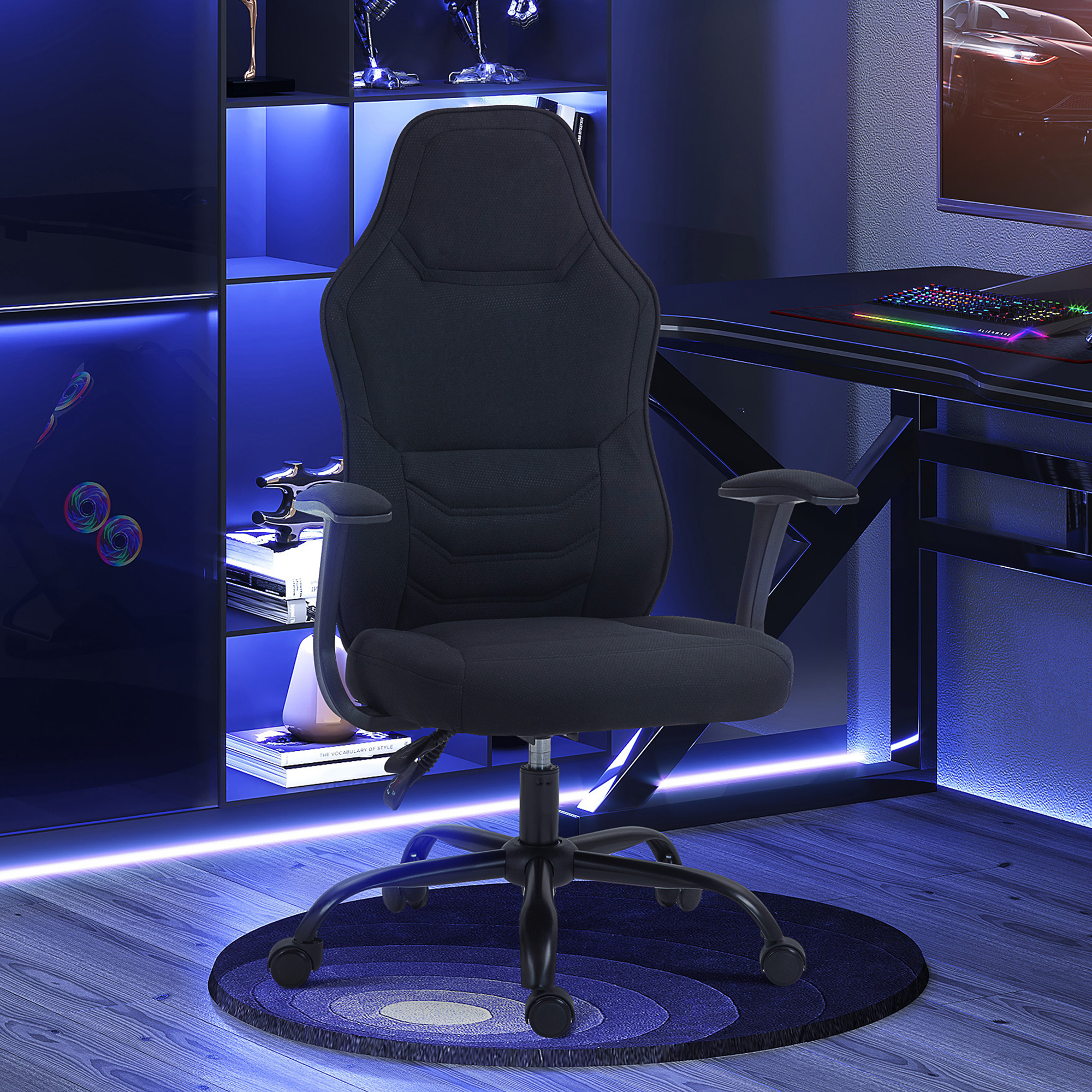 HOMCOM Gaming-Bürostuhl mit Rollen - Bürostuhl - Höhenverstellbare Sitzfläche, Armlehnen - Neigbare Rückenlehne - Schwarz