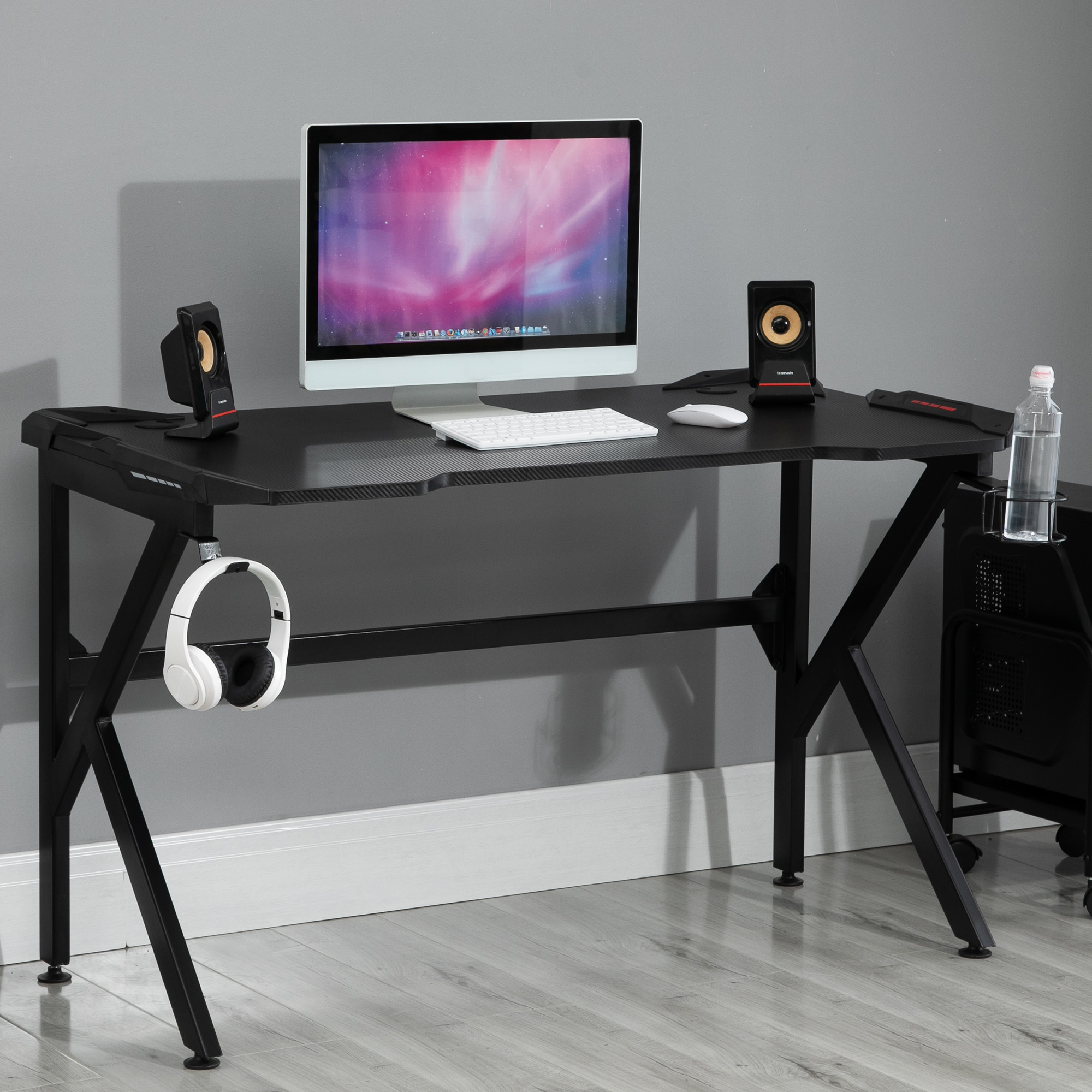 HOMCOM Gaming-Schreibtisch Gamer-Schreibtisch Computertisch mit Kopfhörerhalter Getränkehalter Kabeldurchführungen inklusive Metall MDF Textur Karbonfaser Schwarz