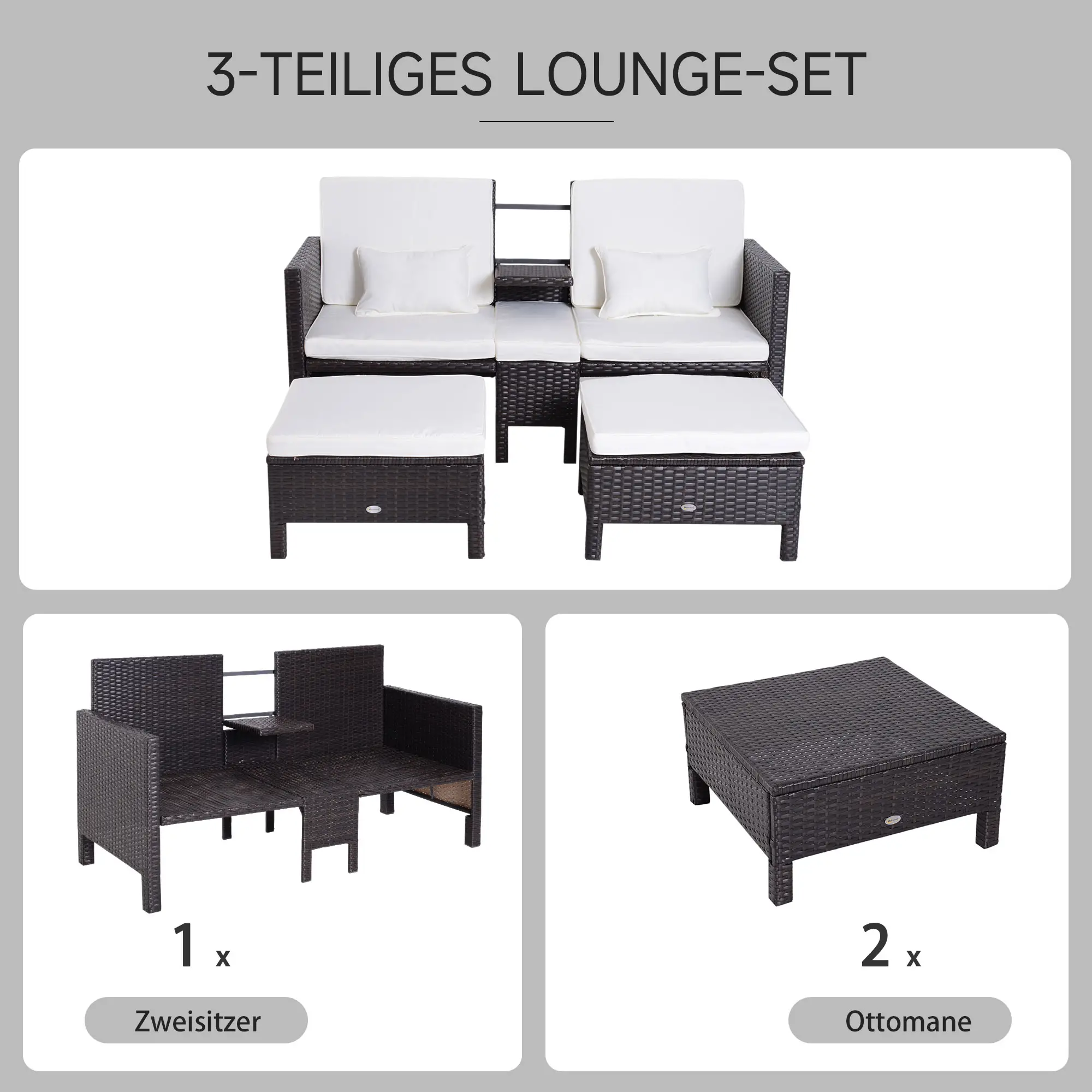 Outsunny polyrattan tuinset 3-delig met poef kussens outdoor