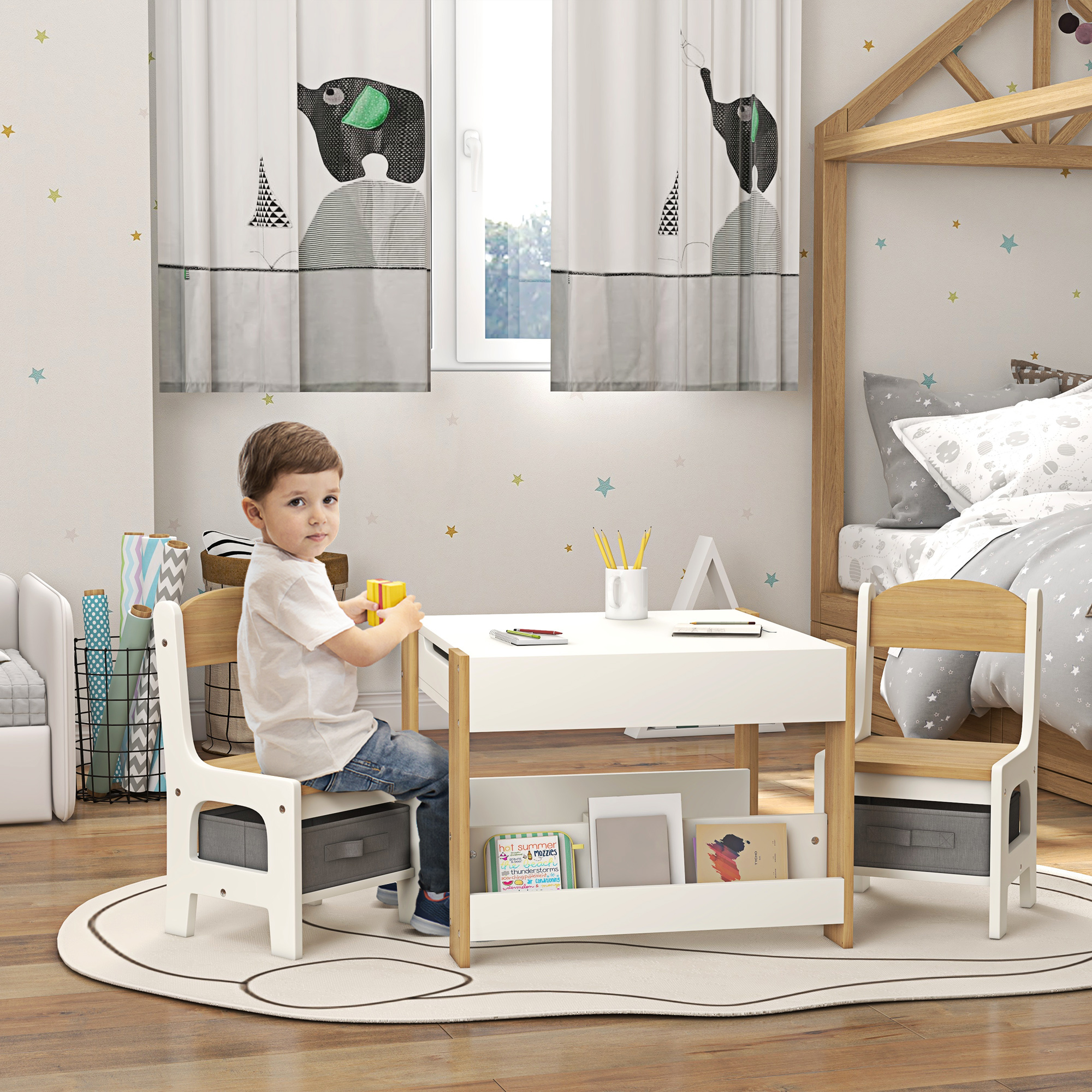 HOMCOM 3-teiliges Set Tisch und 2 Stühle für Kinder mit umdrehbarer Tischplatte, Tafel, Stauraumkorb