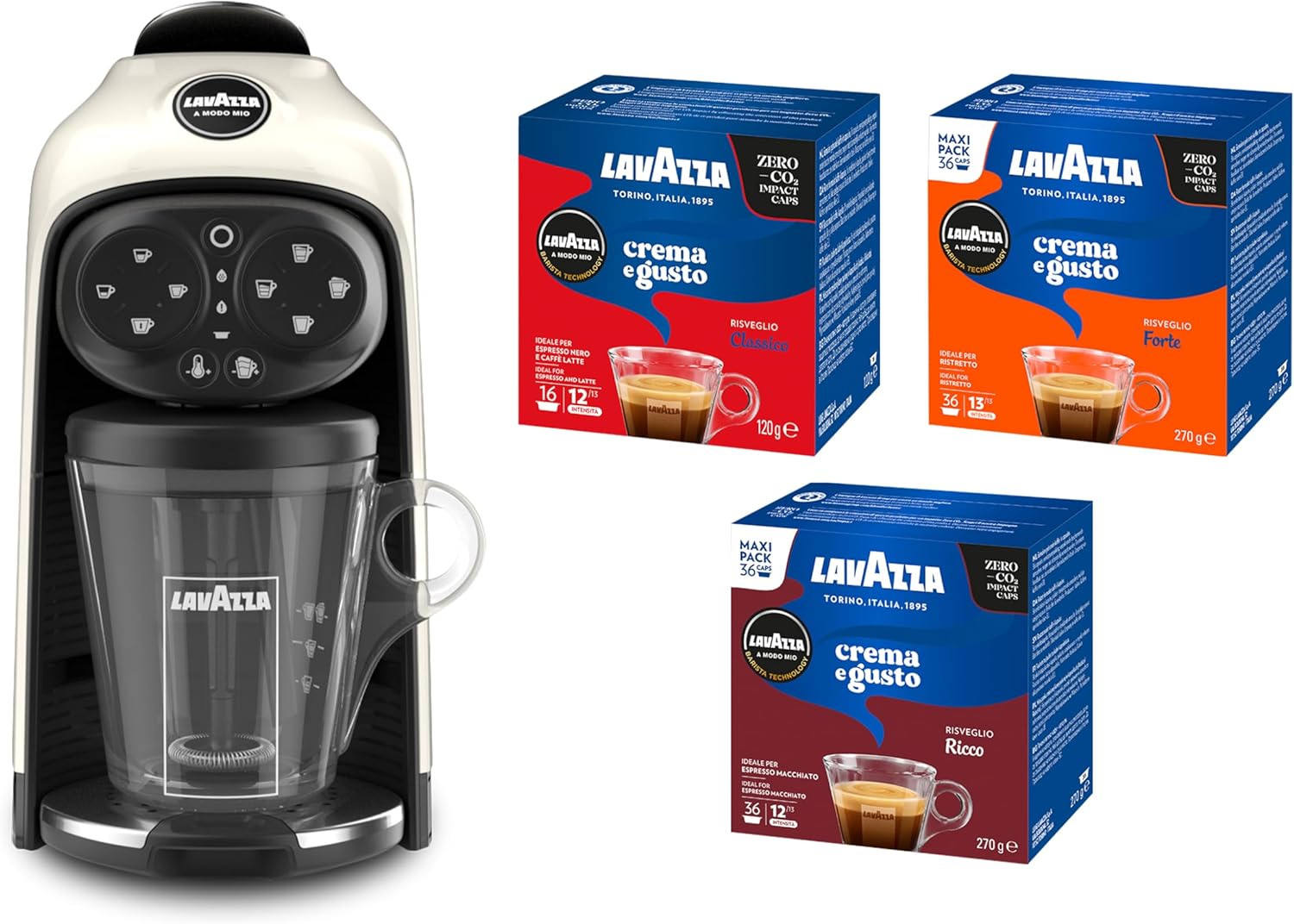 Lavazza, A Modo Mio Macchina per Caffè Deséa White Cream con 88 Capsule Crema e Gusto Assortite, Macchina per Espresso 1500 W, 220-240 V, 50/60 Hz, Capacità Max 10 Capsule di Caffè e 1.1 Litri d'Acqua