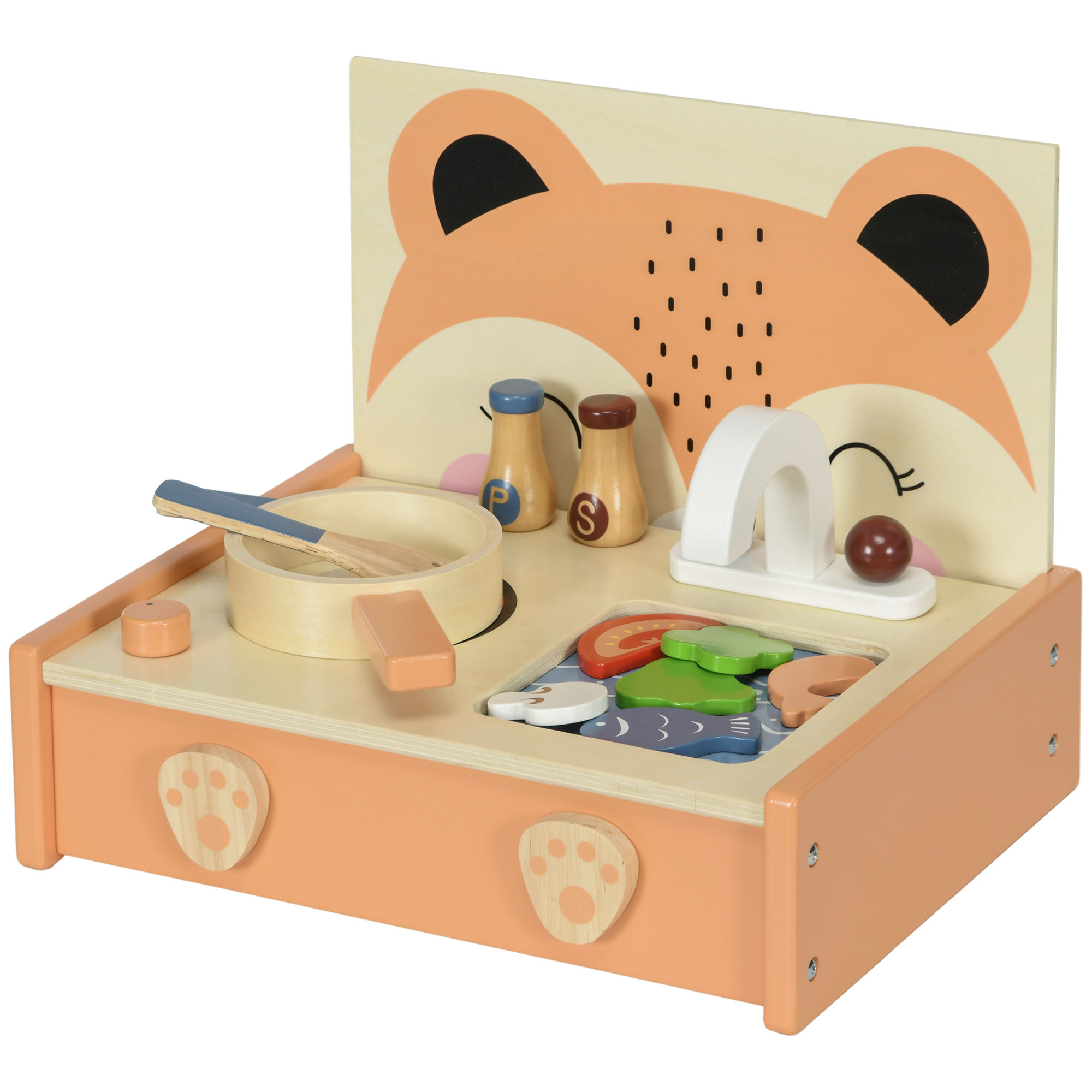 AIYAPLAY Kinder Mini-Küche aus Holz Spielzeug mit 12 Zubehörteilen Pfanne Pfannenwender Gewürzflaschen Obst Gemüse - für 3-5 Jahre -
