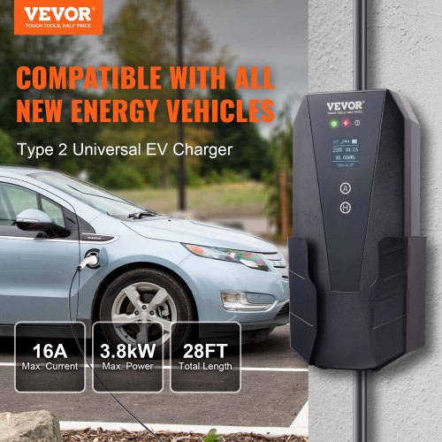 VEVOR Tragbares EV-Ladegerät mit LCD-Display 3,68 kW Ladegerät für Elektrofahrzeuge EV-Ladekabel Typ 2(IEC62196) CEE 7/7 Stecker 16A 1-Phasig EV-Ladestation 8,6m Kabellänge IP66 Wasserdicht Wallbox