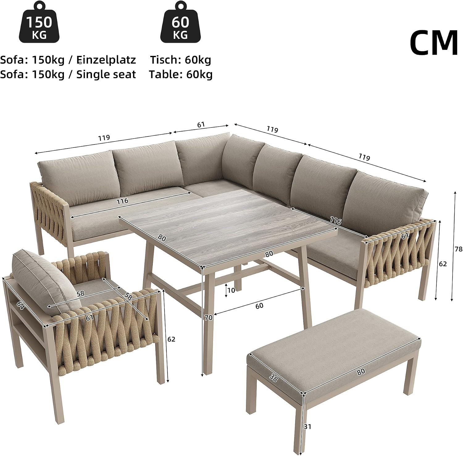 Idemon Set di mobili da giardino con struttura in ferro zincato, gambe regolabili, divano ad angolo, piano in vetro temperato, inclusi tutti i cuscini per seduta e schienale, beige