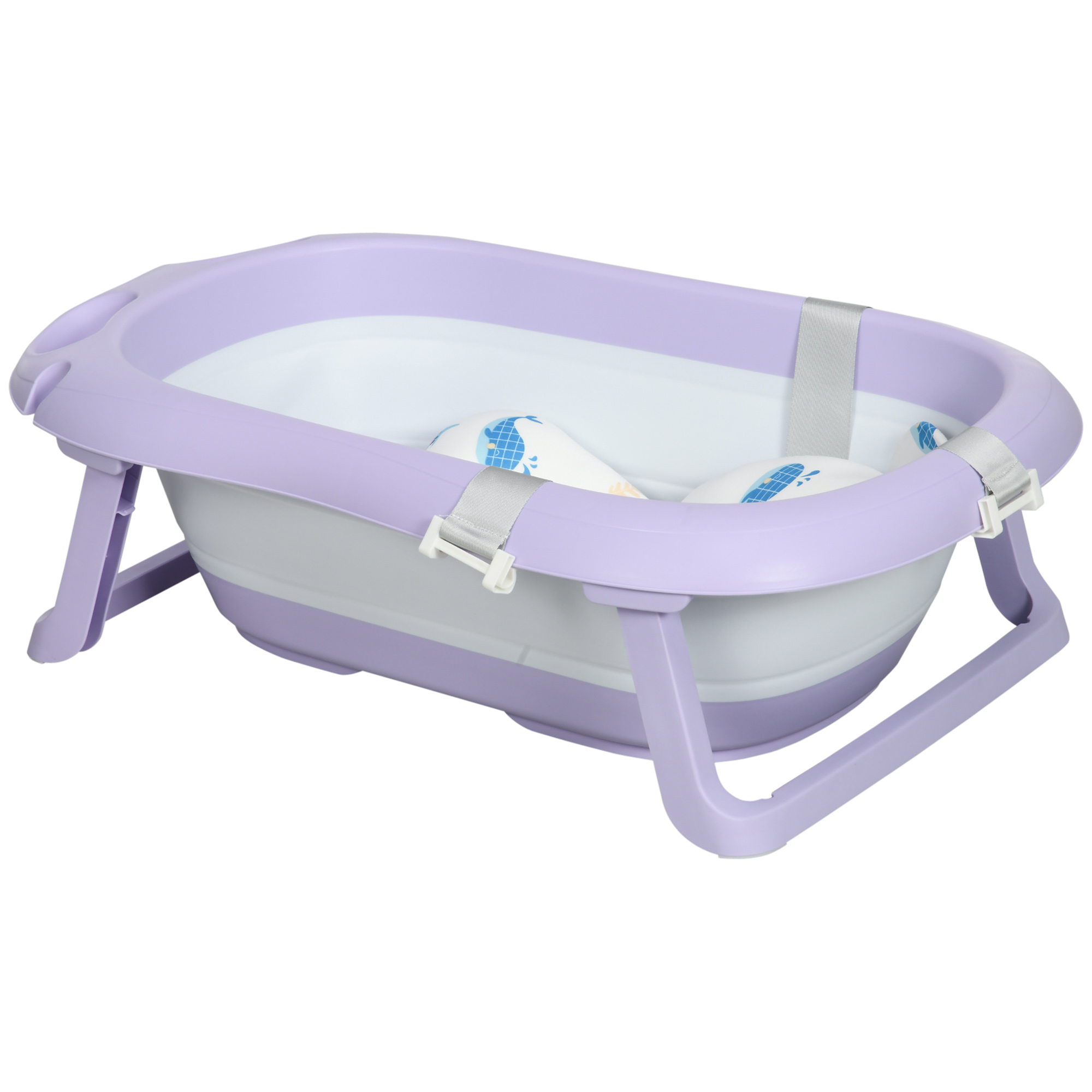 ZONEKIZ Faltbare Babybadewanne für Kinder von 0-6 Jahren mit Kissen und 2 Regalen, 83x48x23,5 cm, Lila und Weiß