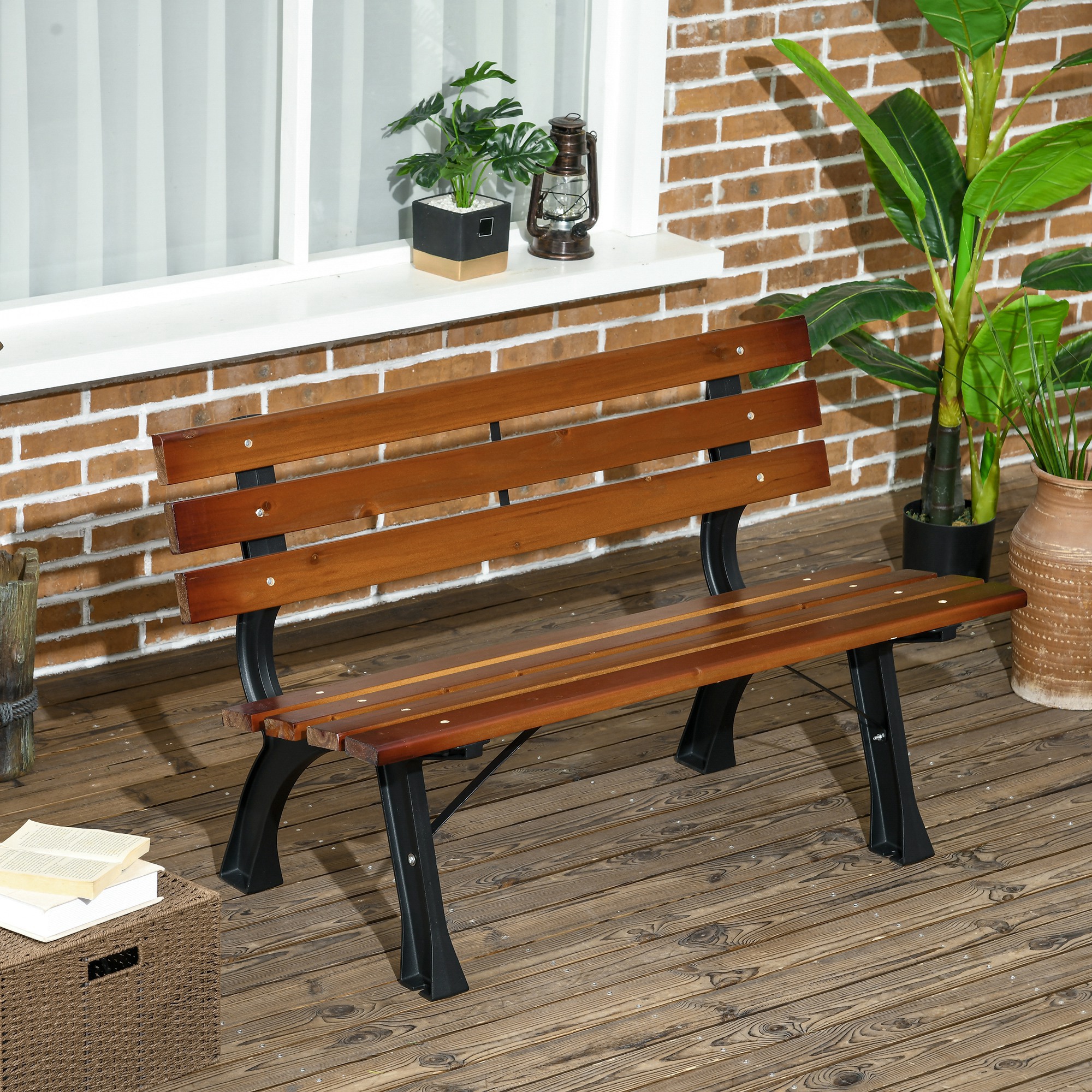 Outsunny Sitzbank für 2 Personen, für Garten & Terrasse, Gussaluminium+Naturholz, 120 x 57 x 70 cm, Braun