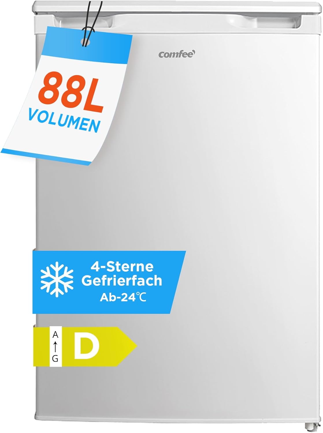 COMFEE RCU83WH3EU(E) 88L Gefrierschränke mit Inverter-Kompressor, D‑Energieeffizienz, -24°C 4-Sterne-Gefrieren, Leise 39 dB, Gefrierschrank klein 55 cm Breite, 3 Fächer für Küchen Büros-Weiß