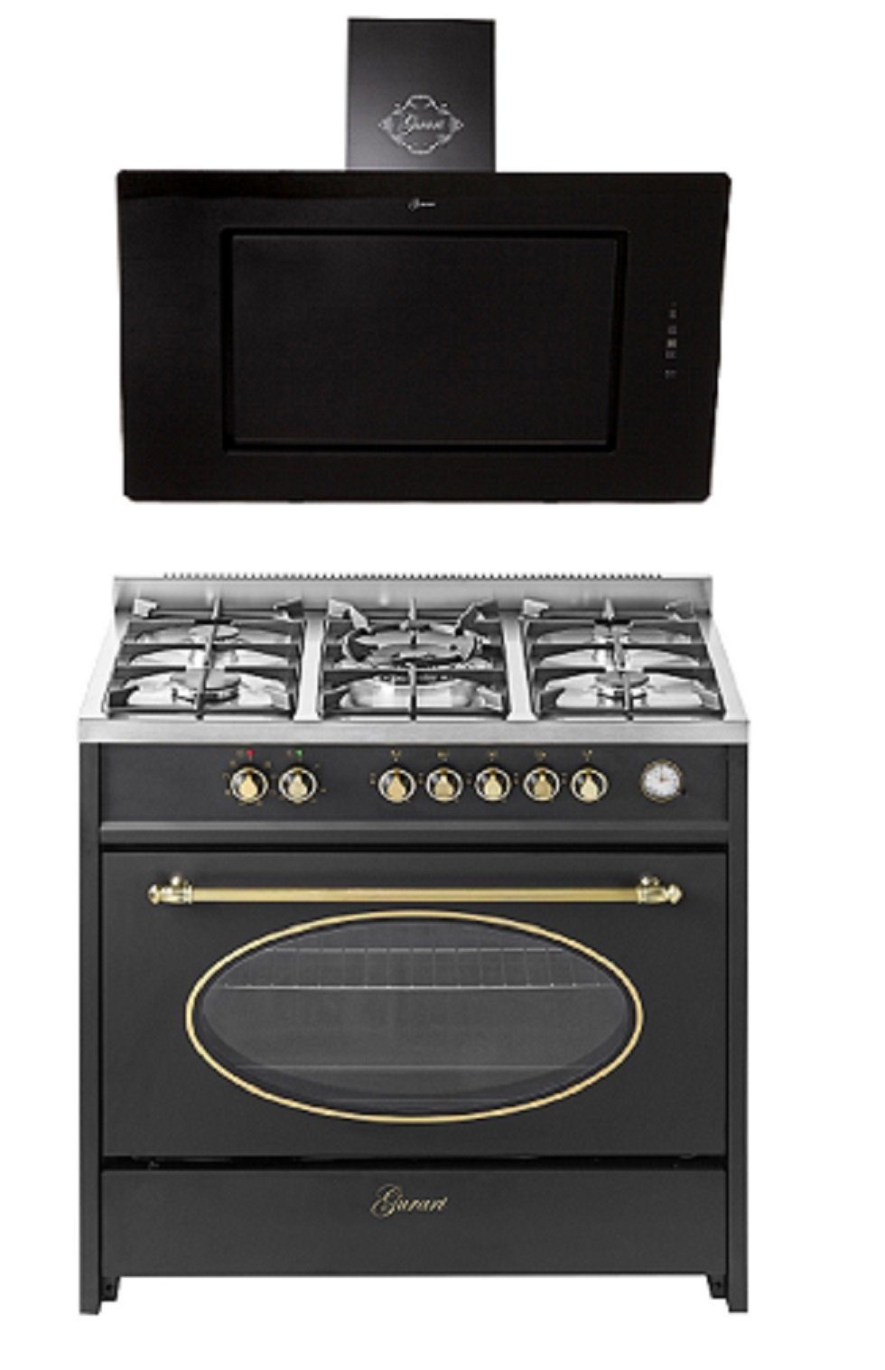 Gas-Standherd 90 cm Nostalgie Range Coocker 121L 8 Funktionen+Dunstabzugshaube 90 cm Schwarz Glas Wandhaube 1000m³/h GCH E 914 BL r+GCH S 155 BL 90 Prime/