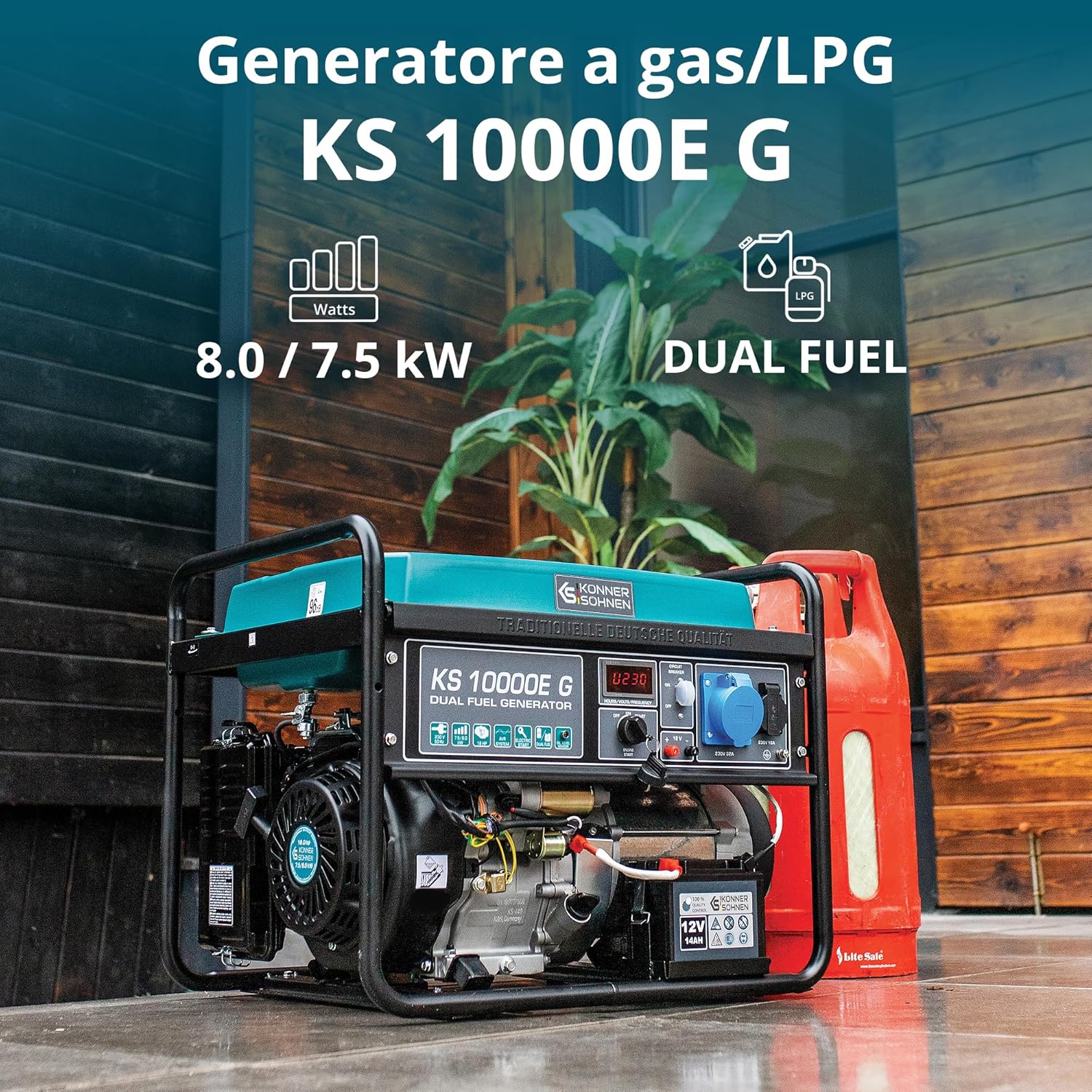 Generatore ibrido a benzina e gas KS 10000E G Serie DUAL FUEL potenza massima 8000W, 1x16A, 1х32 (230V), 12V, regolatore automatico di tensione (AVR), protezione sovraccarico e cortocircuito…