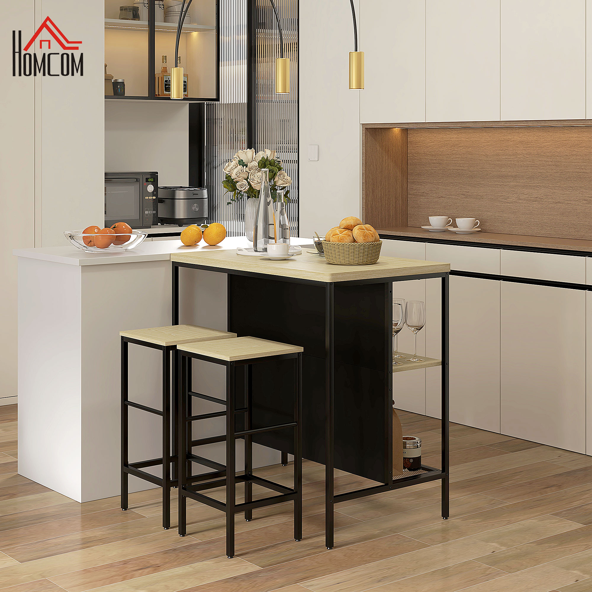 HOMCOM Bar-Set, 2 Barstühle & 1 Bartisch, fleckenresistent, stabil, Stahlrahmen, Schwarz/Eiche
