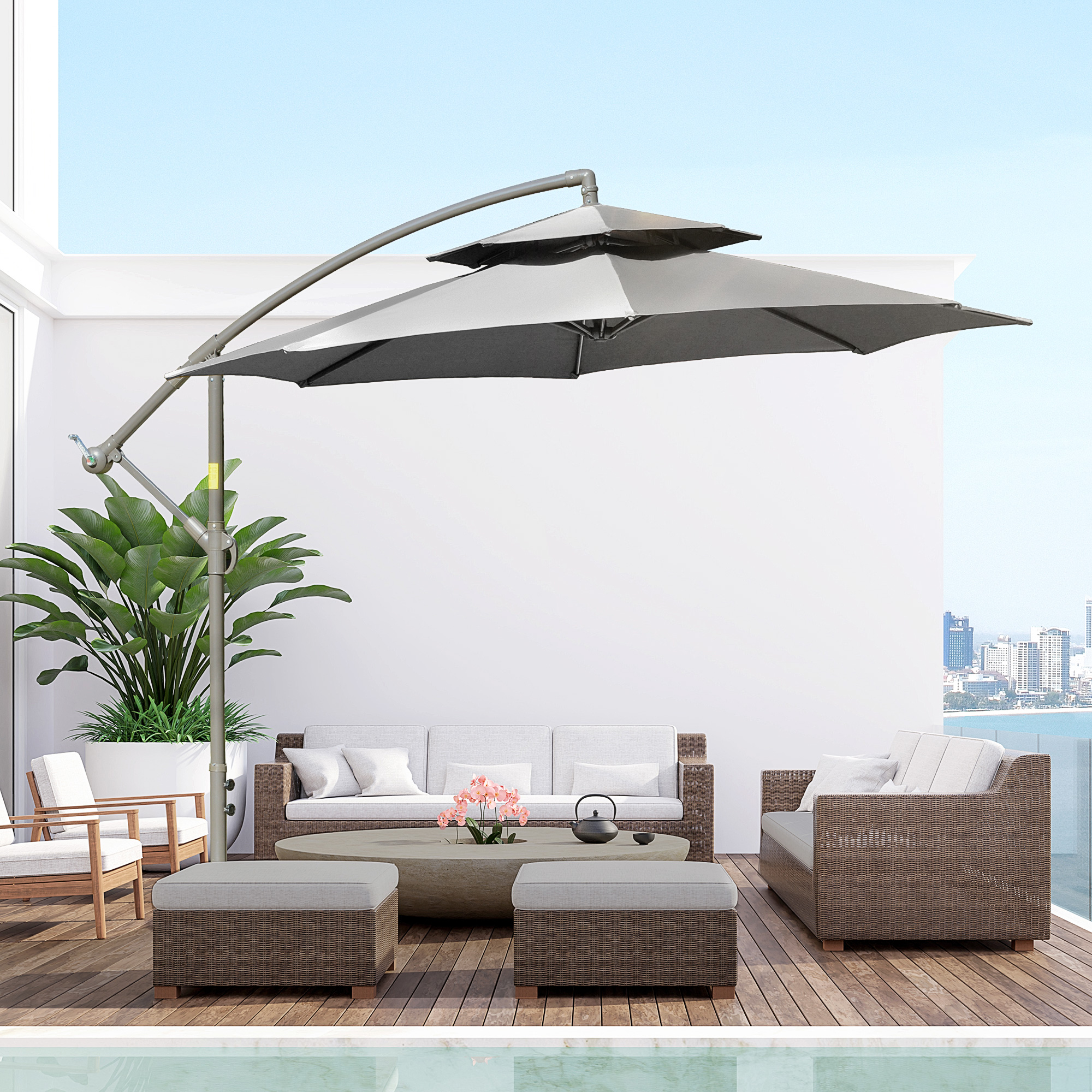 Outsunny Sonnenschirm Ampelschirm Ø2,67 x 2,45 m Kurbelschirm mit Doppeldach Kreuzbasis Stahl Outdoor Sonnenschutz Polyester Stahl Hellgrau