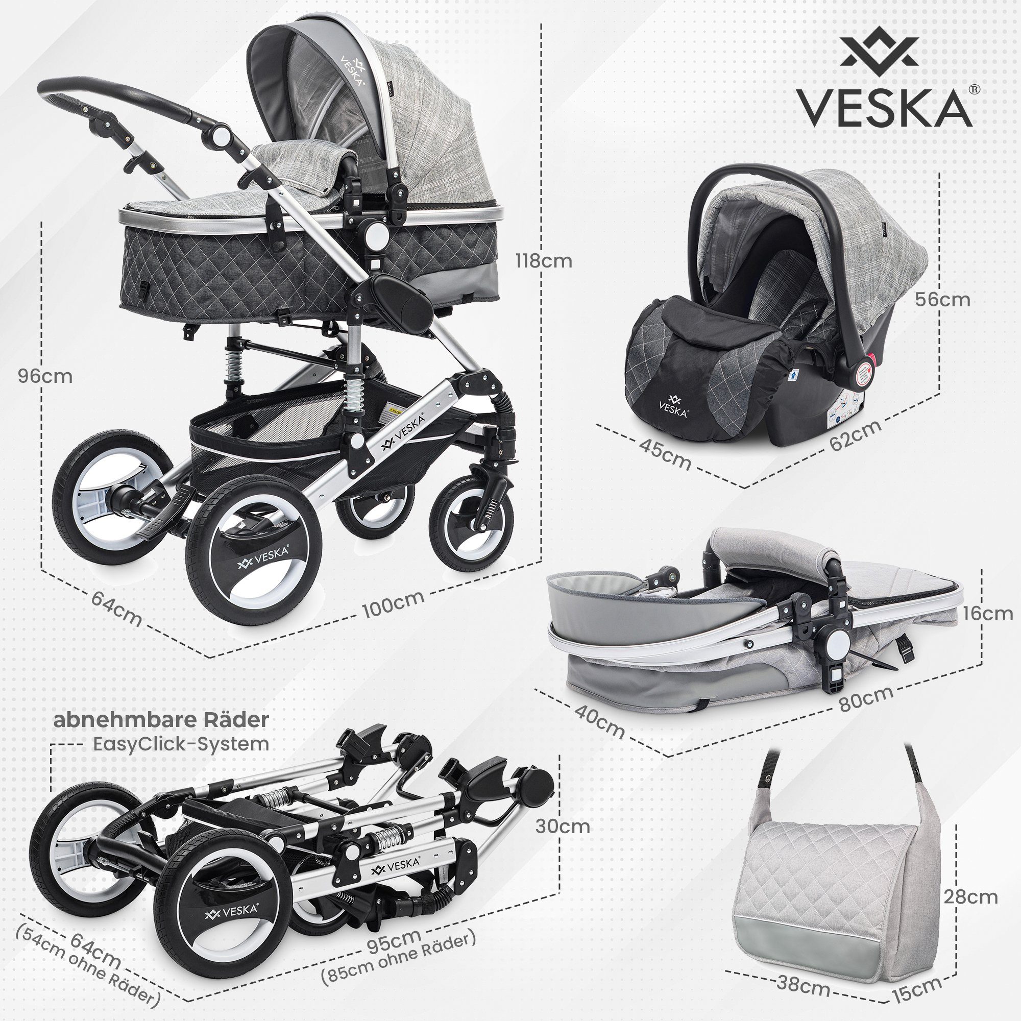 Kombi-Kinderwagen 3in1 inkl. Babyschale, Buggy, Jogger, mit Wickeltasche, Ess&Spieltisch
