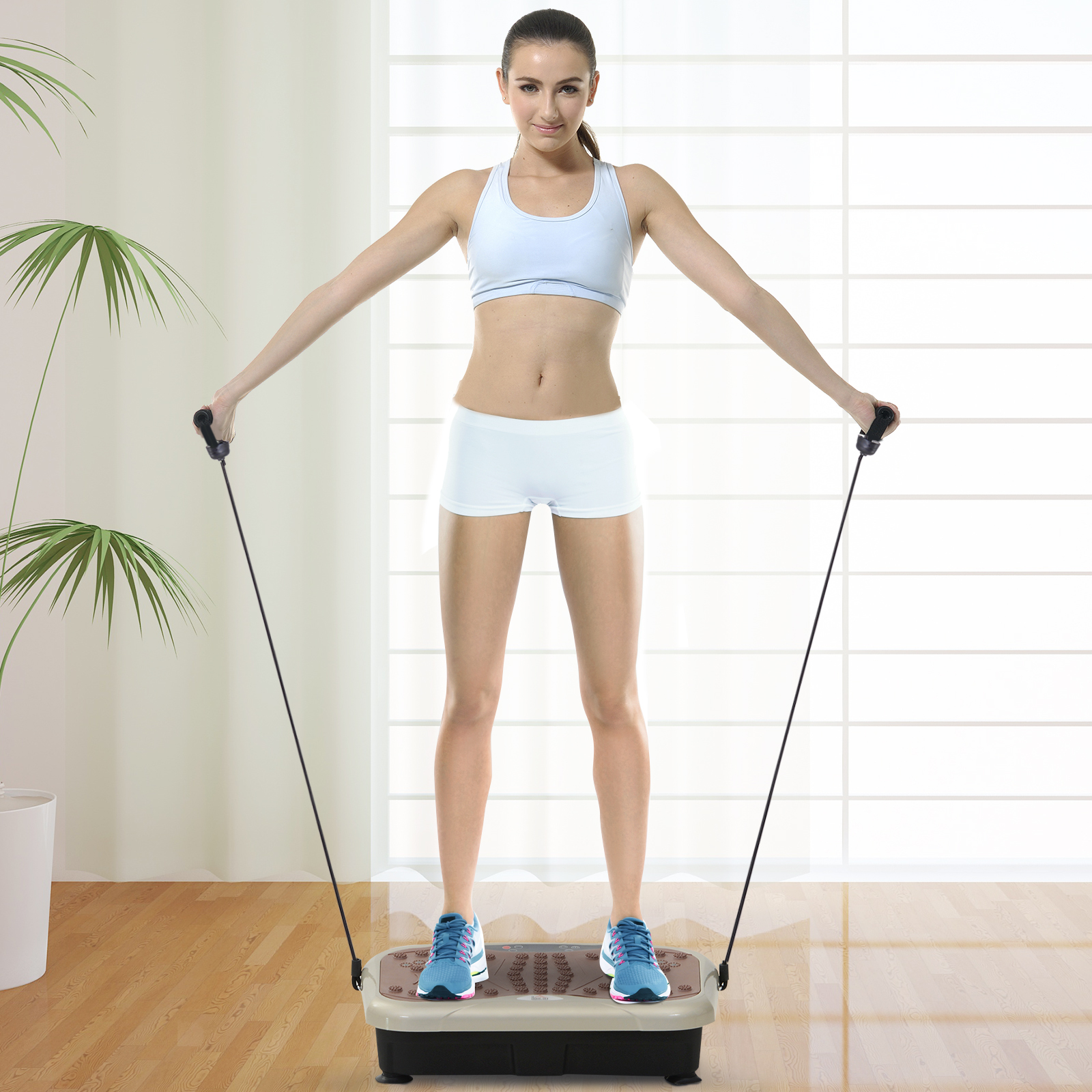 HOMCOM Vibrationsplatte Vibrationstrainer Vibrationsgerät Fitnesstrainer LED-Anzeige USB-Lautsprecher Trainingsbänder Fernbedienung