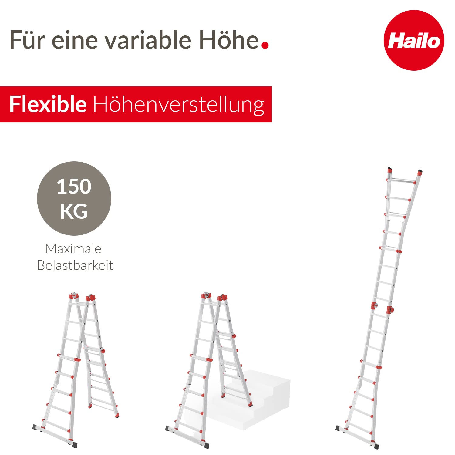 Hailo M80 Alu Schiebeleiter 4x5 Sprossen 150 kg Sicherheitsgelenke Rastgriffe höhenverstellbar rostfrei Silber