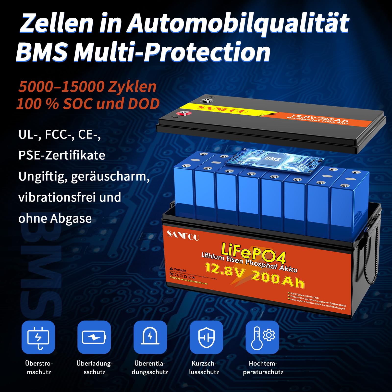 LiFePO4 Batterie 12V 200Ah mit 100A BMS, 2560Wh Lithium Akku für Wohnmobil und Camping