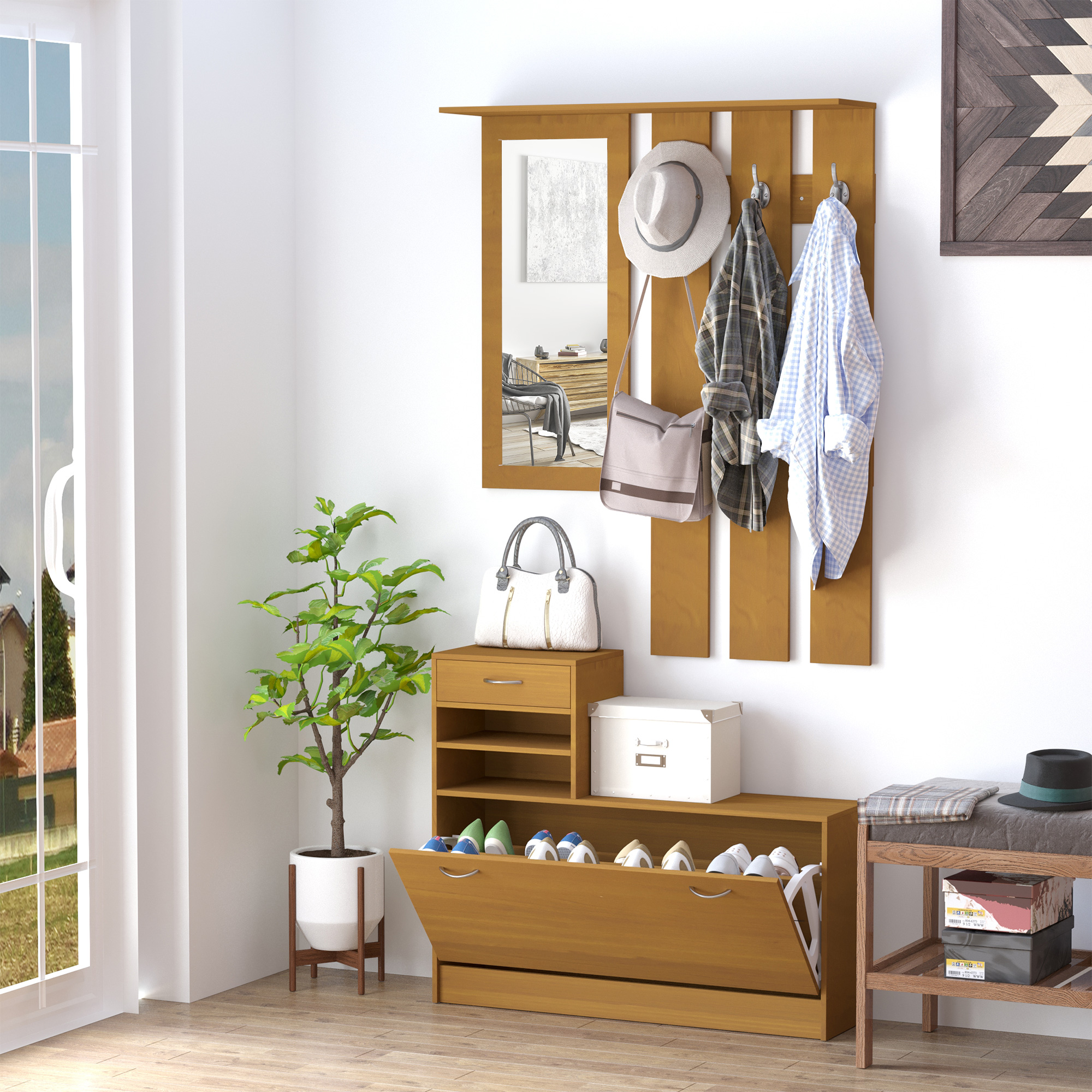 HOMCOM Set Moderner Eingangsmöbel mit Schuhregal und Spiegel, Garderobenständer mit 6 Haken, 2 Verstellbaren Regalen und Schubladen aus Holz für Flur, 90x24x177 cm, Nussbaum