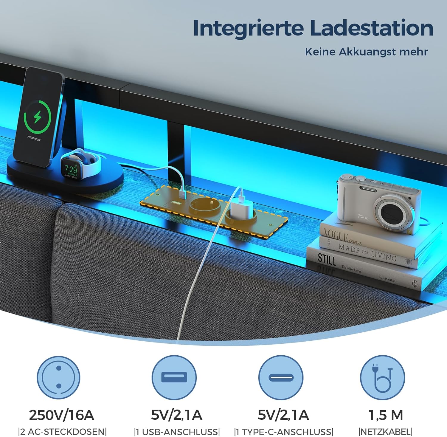 Brinlawb Schlafsofa mit Ausziehbett, Tagesbett 90x200(180x200) cm, Tagesbett Ausziehbar mit LED Beleuchtung und Ladestation (2 AC-Steckdosen, 2 USB-Anschlüsse) Einzelbett und Doppelbett, Gästebett