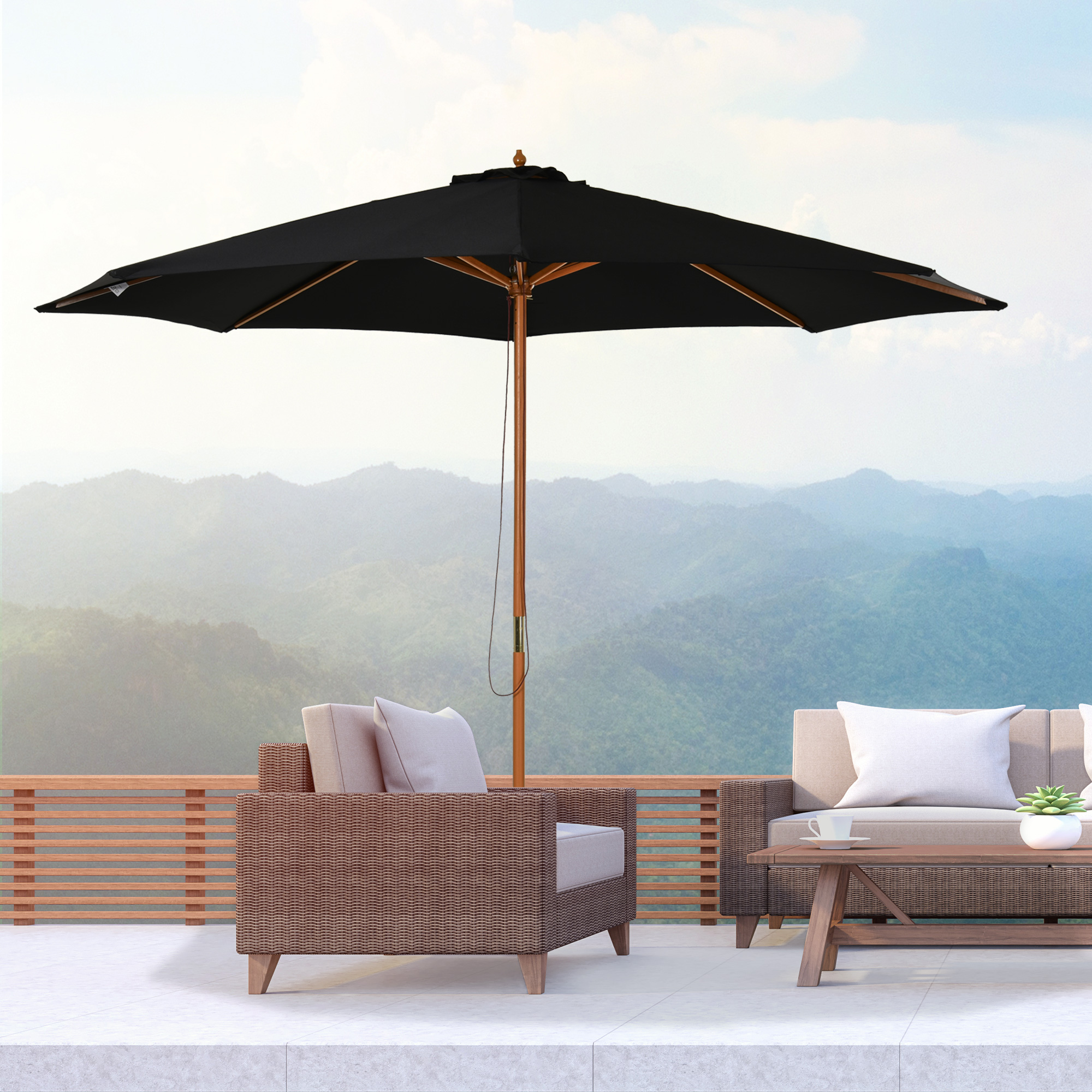 Outsunny Sonnenschirm Ø 300 cm, Sonnenschirm mit UV Schutz Balkonschirm aus Holz Strandschirm stabil Marktschirm Sonnenschutz für Strand Terrasse Garten, Schwarz