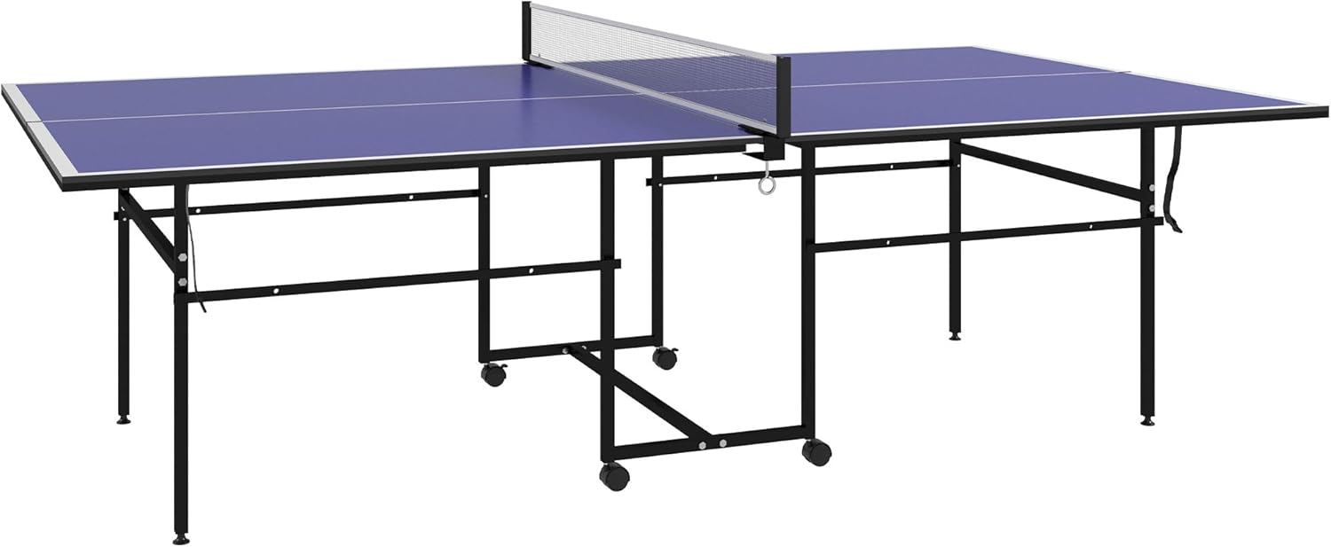 SPORTNOW Tavolo da ping pong pieghevole compatto con 4 rotelle per uso interno ed esterno, 274L x 152,5L x 75,5H cm blu