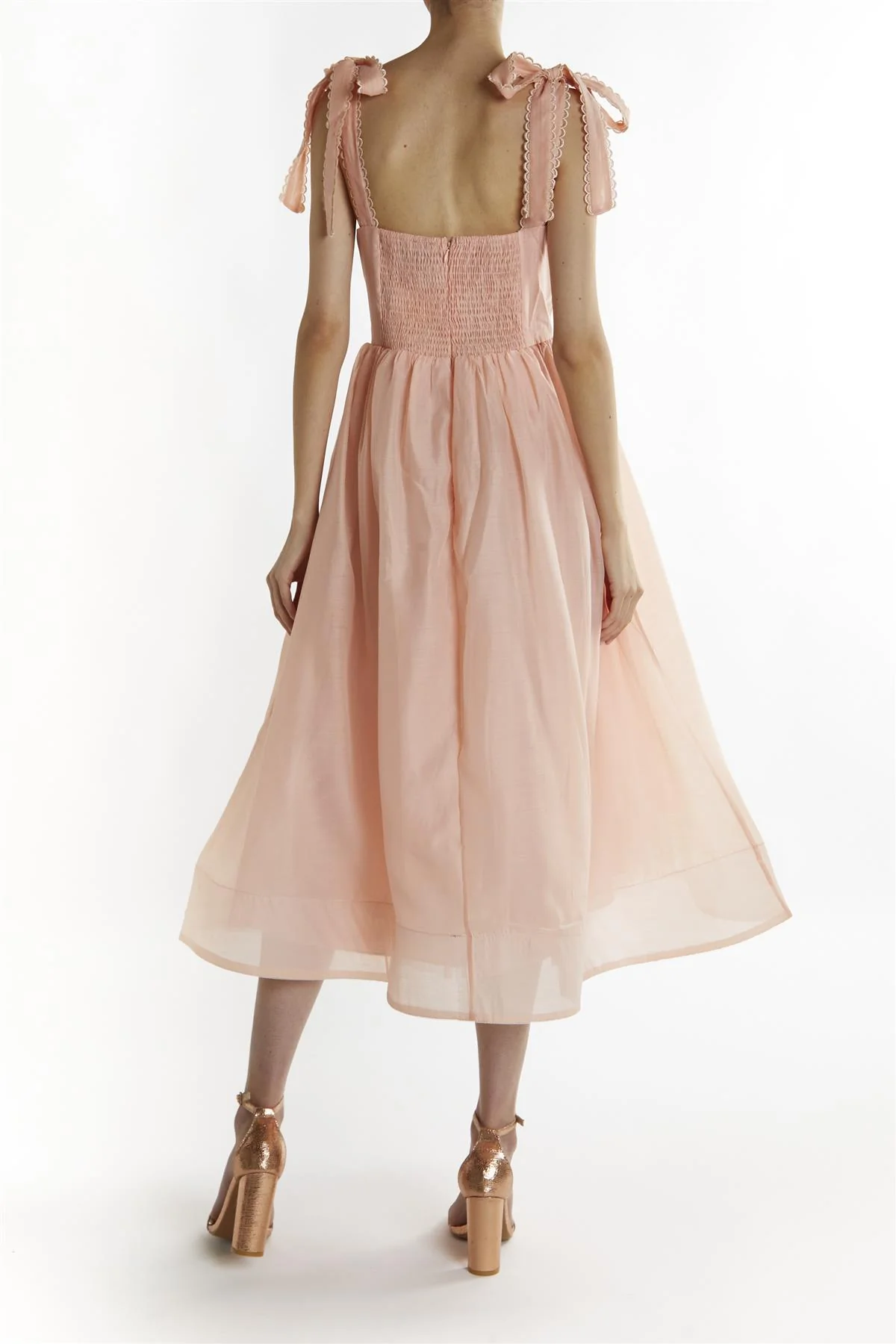 Dusty-Peach Tie-Strap Midi-Dress