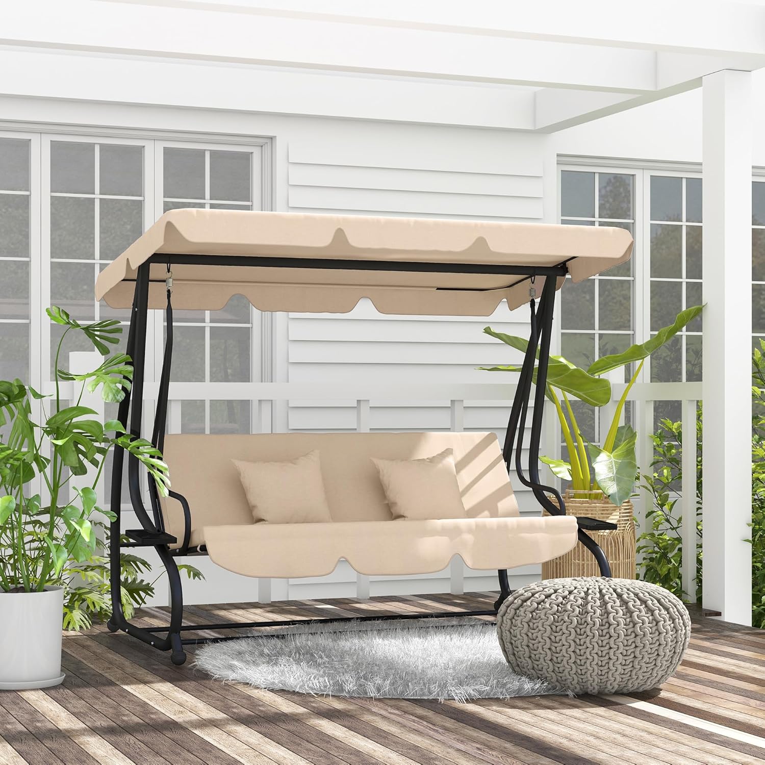 Outsunny Garden Swing Seat 3 Seater Convertible into Bed with Adjustable Roof and Cup Holder, Outdoor Steel and Polyester, 200 x 120 x 164 cm, Light Brown