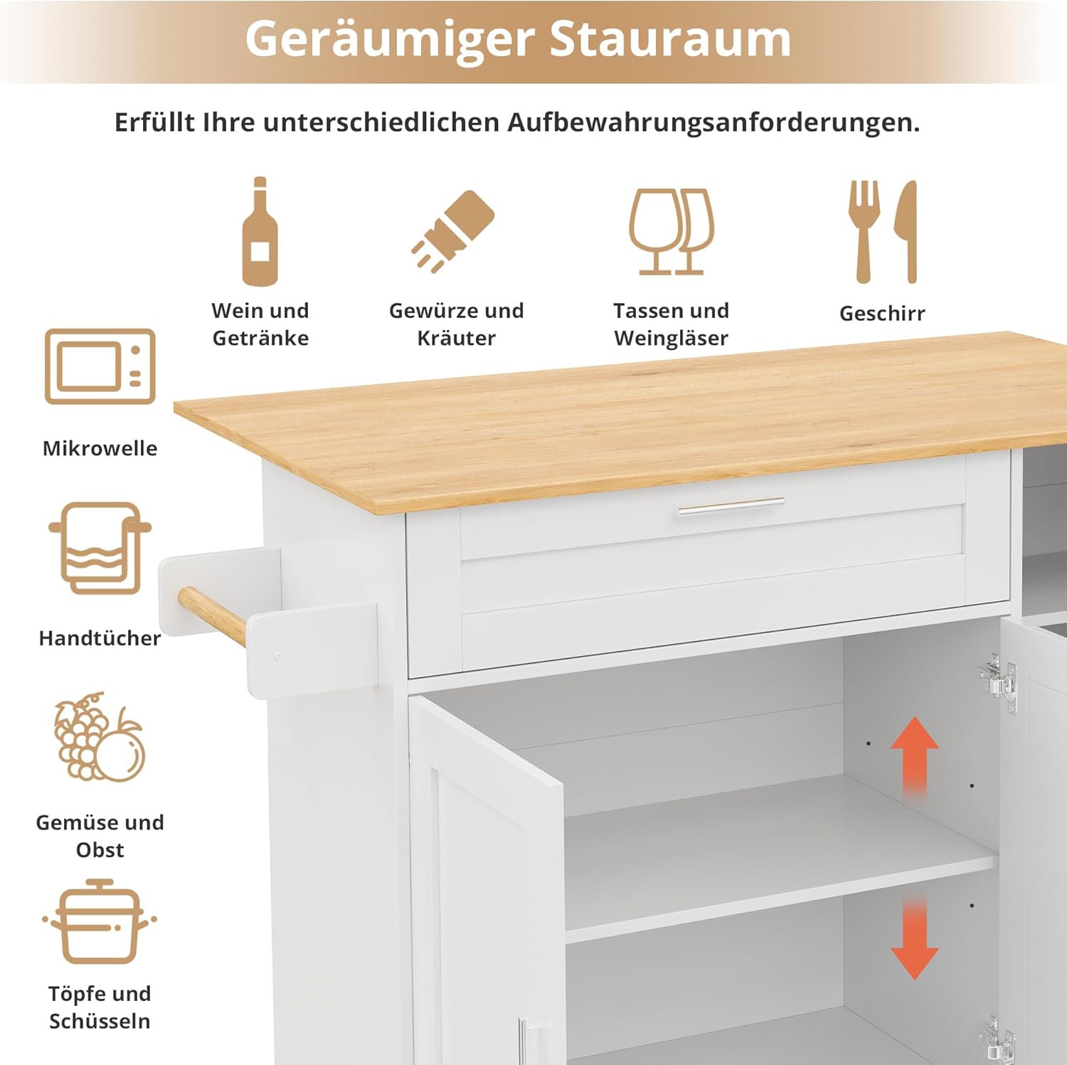 Mobiler Küchentisch, Arbeitsplatte Klappbar, Eiche Maserung, Multifunktionaler Schrank, Gewürzregal, Handtuchhalter, 5 Rollen, Weiß Geeignet für Küche/Essen/Haus