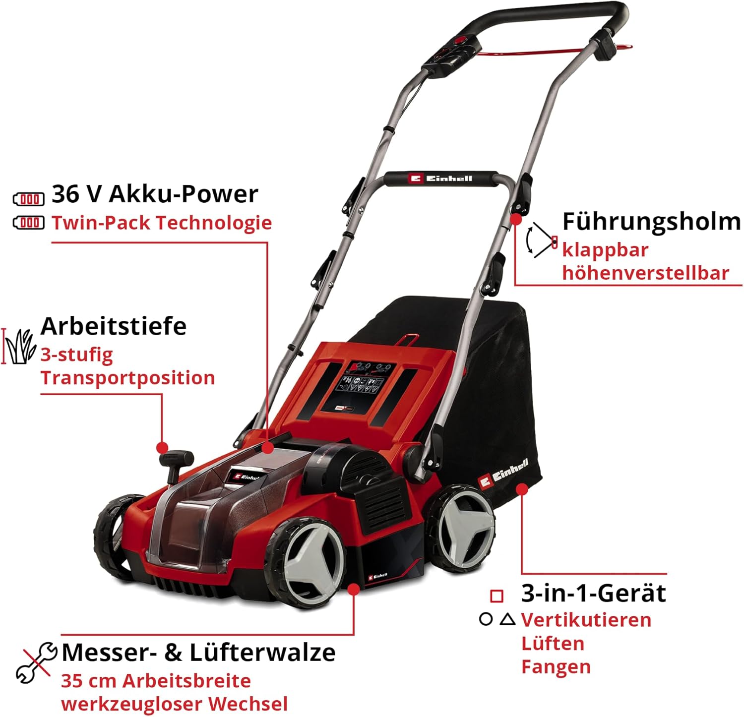Einhell Akku-Vertikutierer-Lüfter GE-SA 36/35 Li-Solo Power X-Change (Li-Ion, 36 V, bürstenloser Motor, 35cm Messerwalze, 28L Fangsack, einstellbare Arbeitstiefe, ohne Akku  und  Ladegerät)