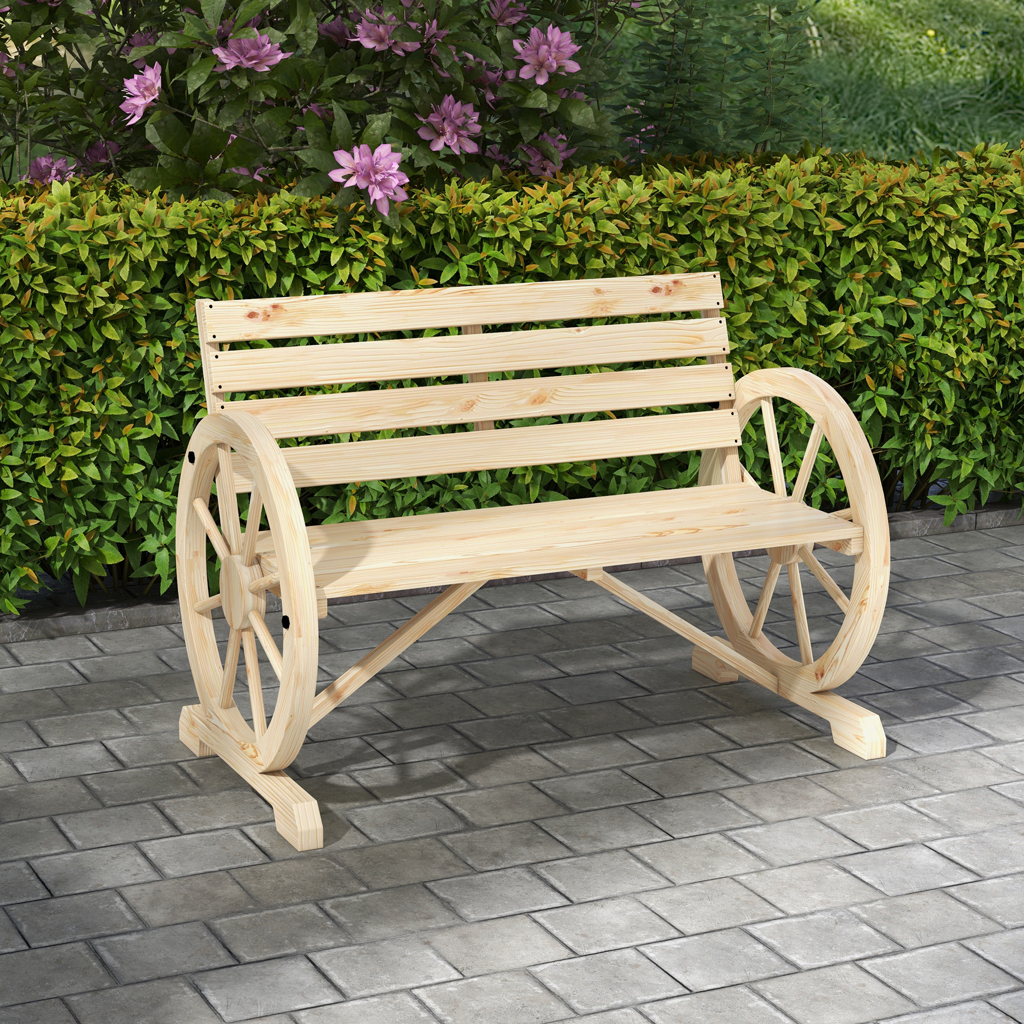 Outsunny Gartenbank, Wagenrad-Design, für 2 Personen, Naturholz, dunkelbraun, 105,5 x 56 x 79 cm, Natur