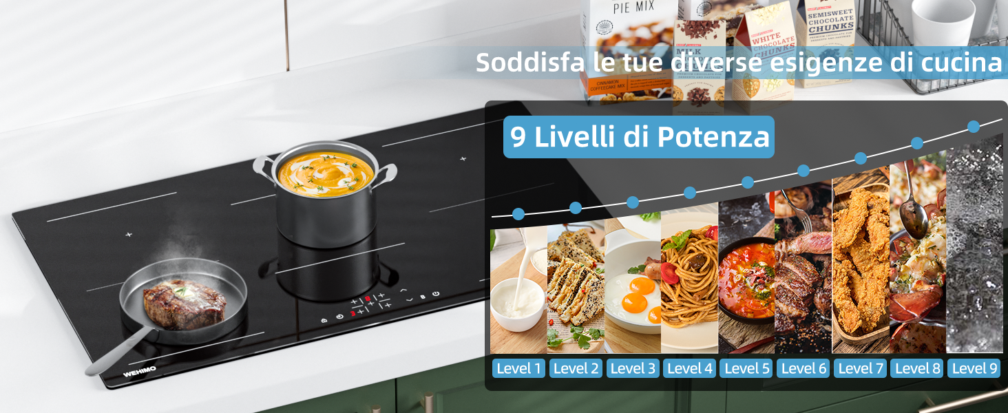 Piano cottura in vetro nero con diversi livelli di potenza visualizzati, che mostra varie zone di cottura e controlli digitali con immagini di preparazione degli alimenti